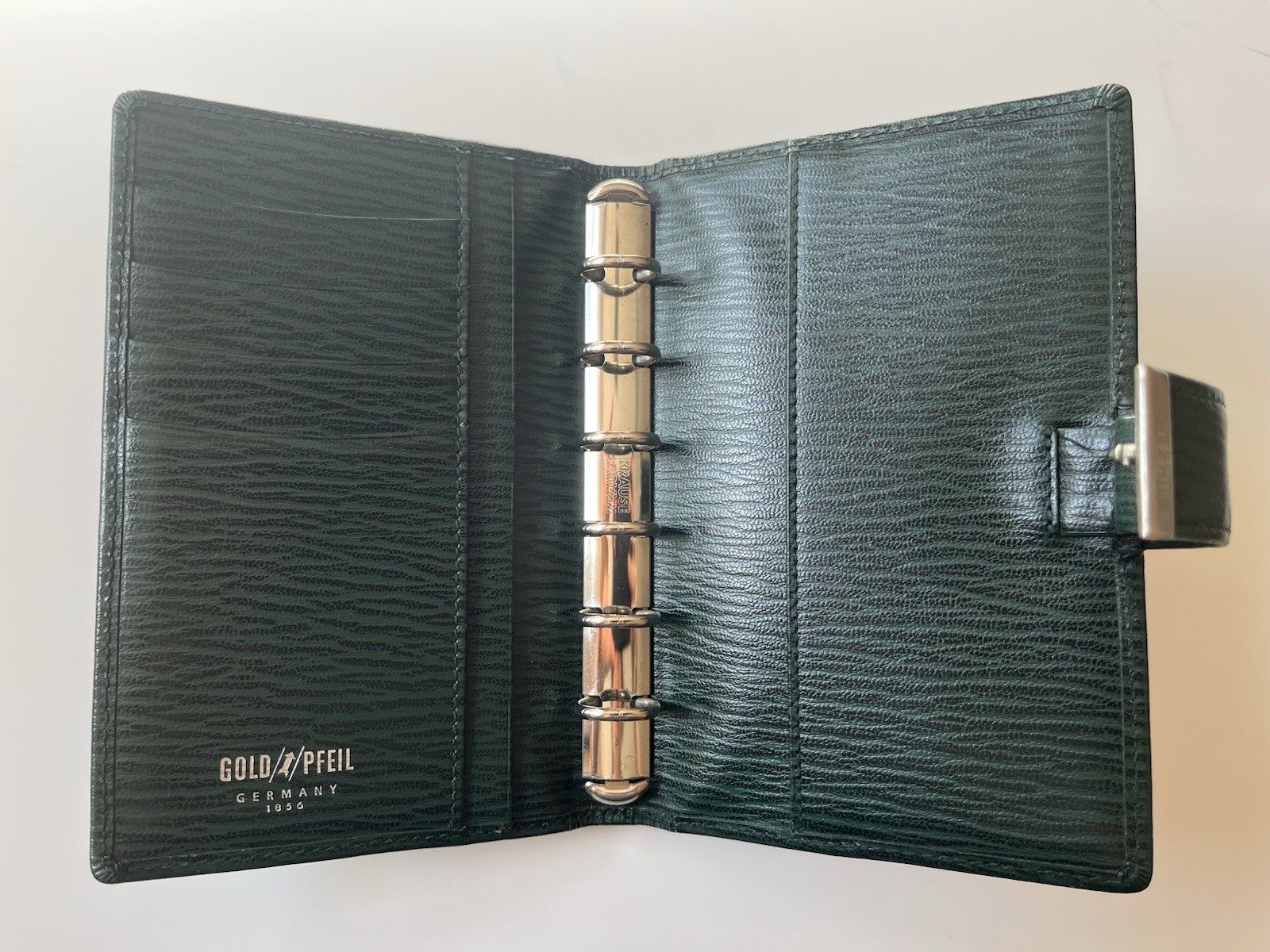 Gold Pfeil Organizer Wallet Notebook Filofax Pocket Size Green Leather/ Krause