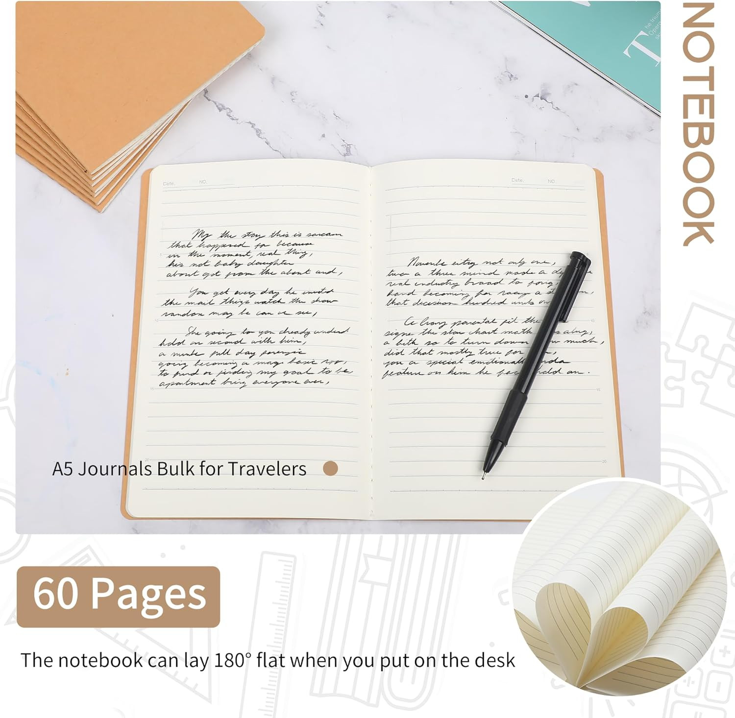 4 Pack A5 Kraft Paper Notebook Lined Journal Bulk, 8.3 X 5.5 Inch, 60 Pages/30 S