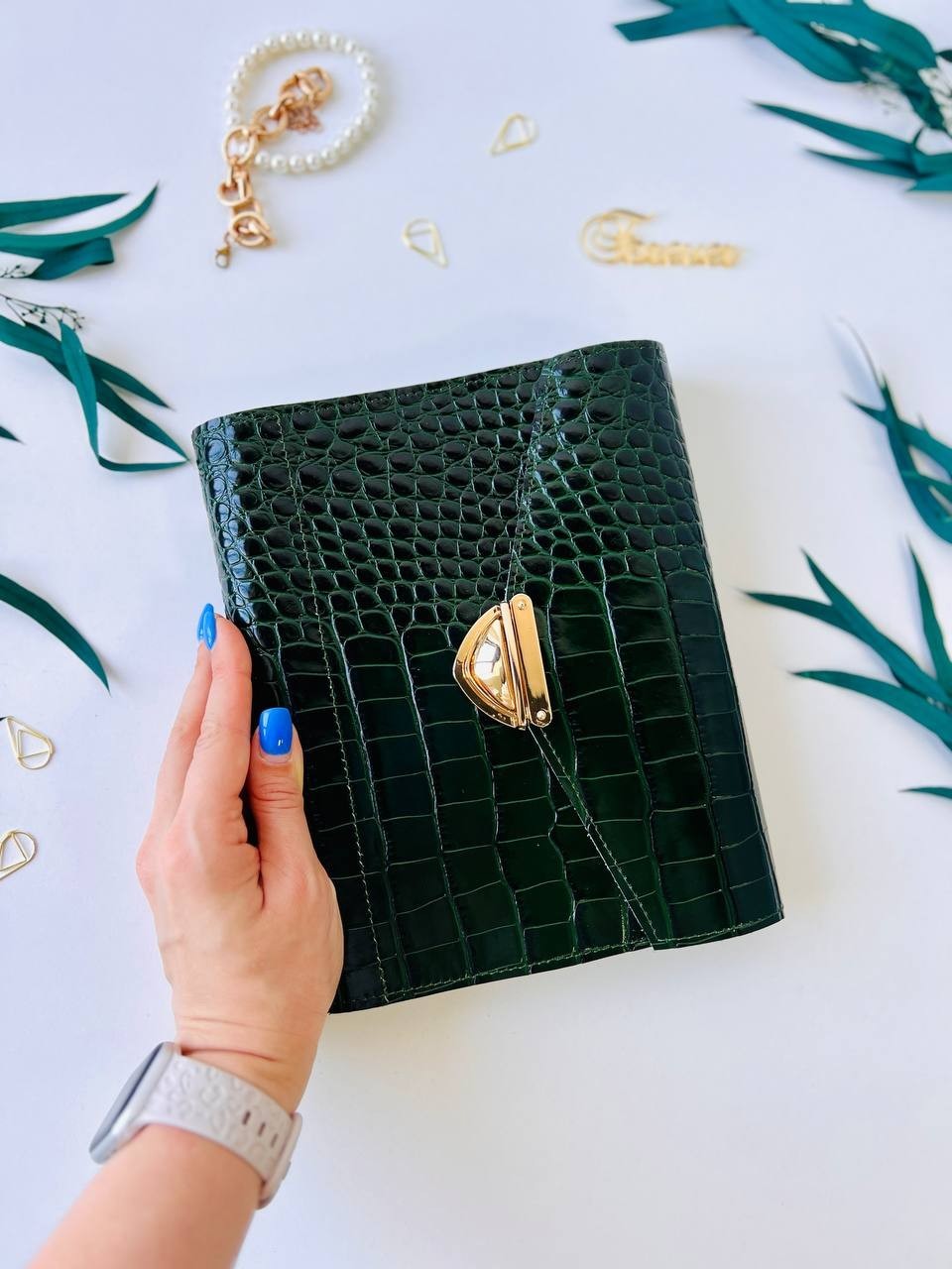 Green Genuine Leather Organizer – Croc Print notebook