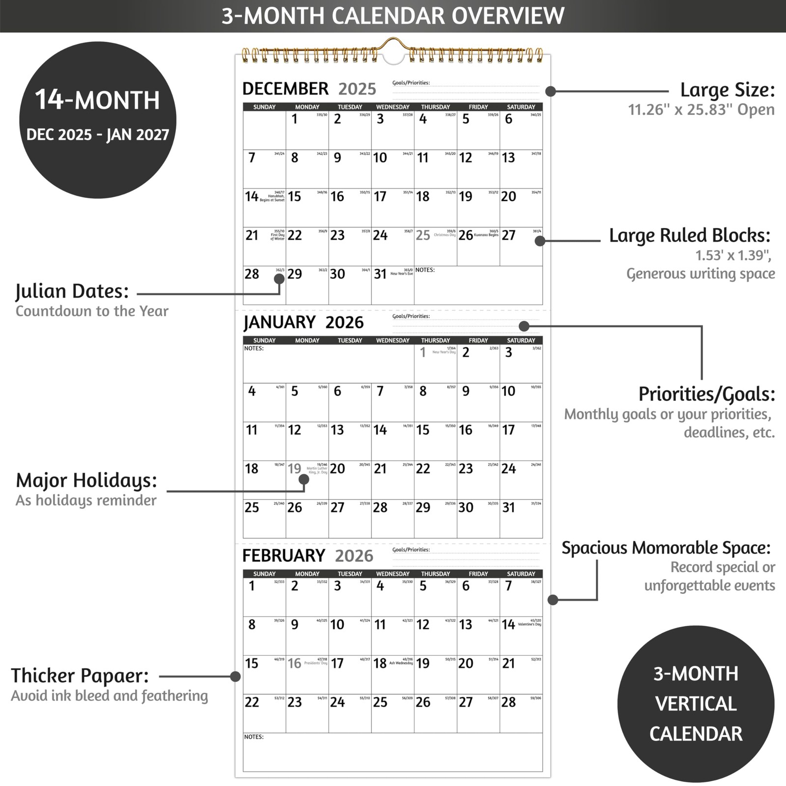 2026 Wall Calendar – 3 Month 2026 Vertical, Jan 2026 – Dec Black