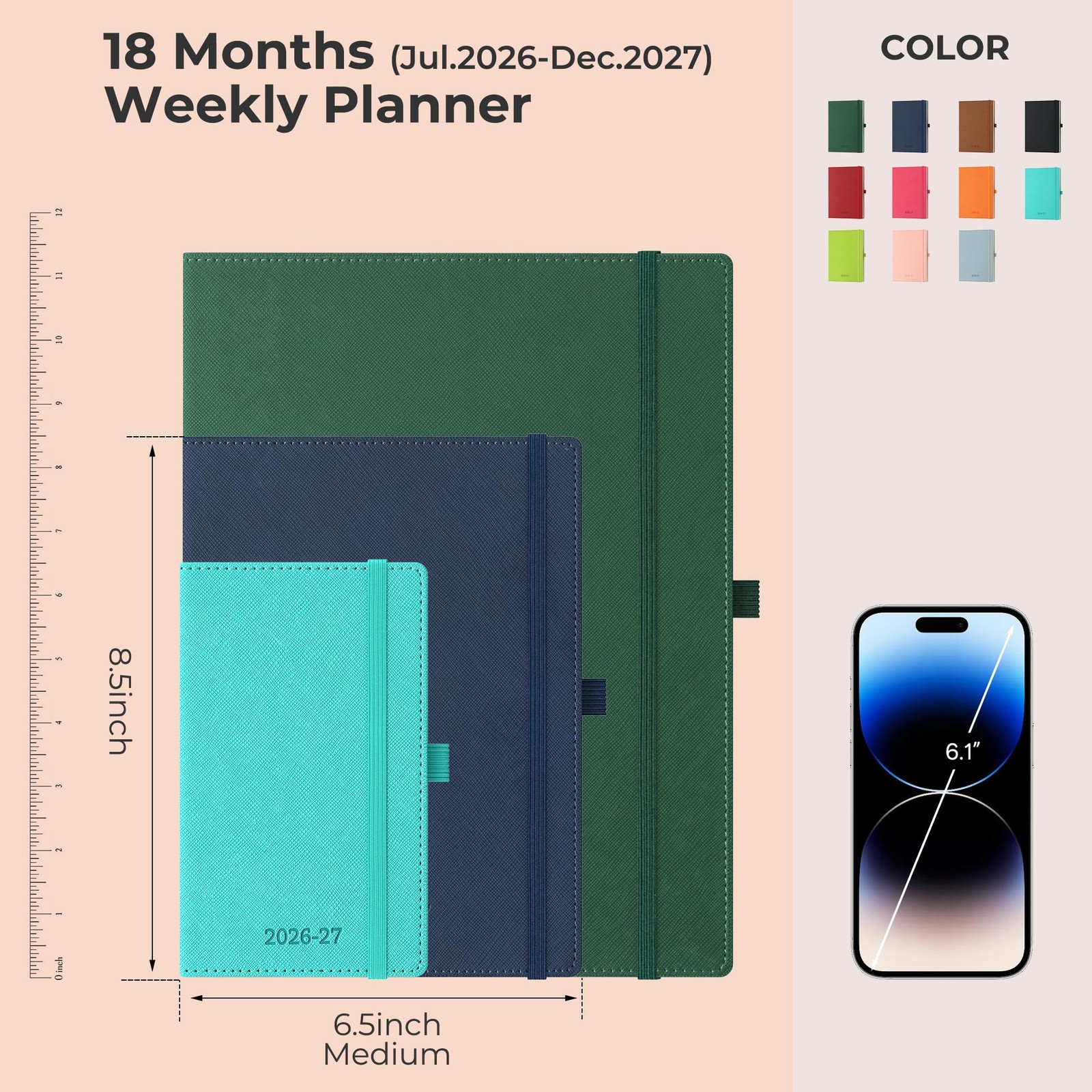 IN-LUXPRO Weekly Monthly 2026-2027 Planner (July Medium-8.5″ x 6.5″, Green