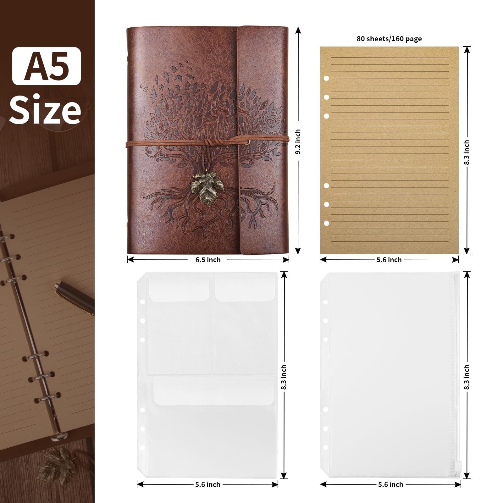 Billtigif PU Leather Journal Notebook, Refillable Travel A5(9.2″x6.5″), Brown