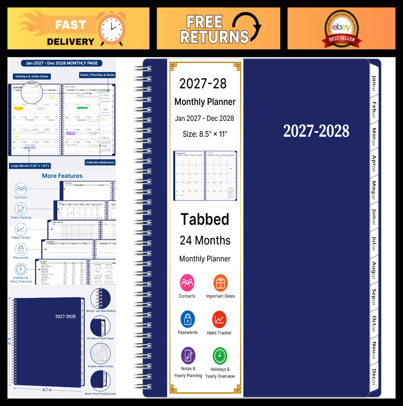 2027-2028 Large Monthly Planner – 2 Year Calendar, Spiral Agenda, 24 Months, Tab