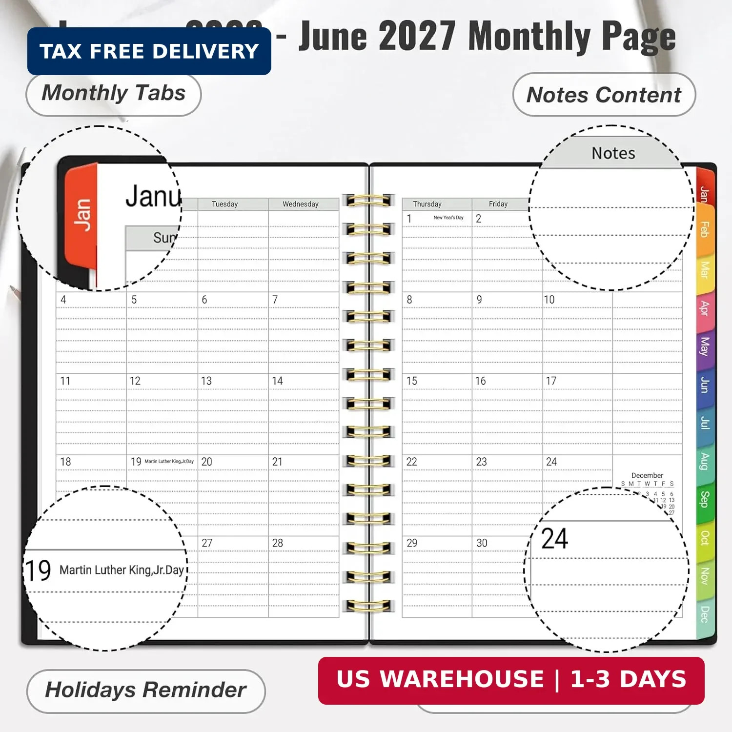 Daily Planner 2026-2027, 18 Month Planner with Tabs, January 2026 – June 2027 W