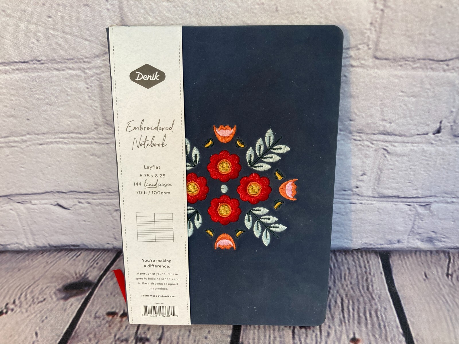 Denik Embroidered Notebook Cover, Lined, with Ribbon Page Marker 144 Pages Blue