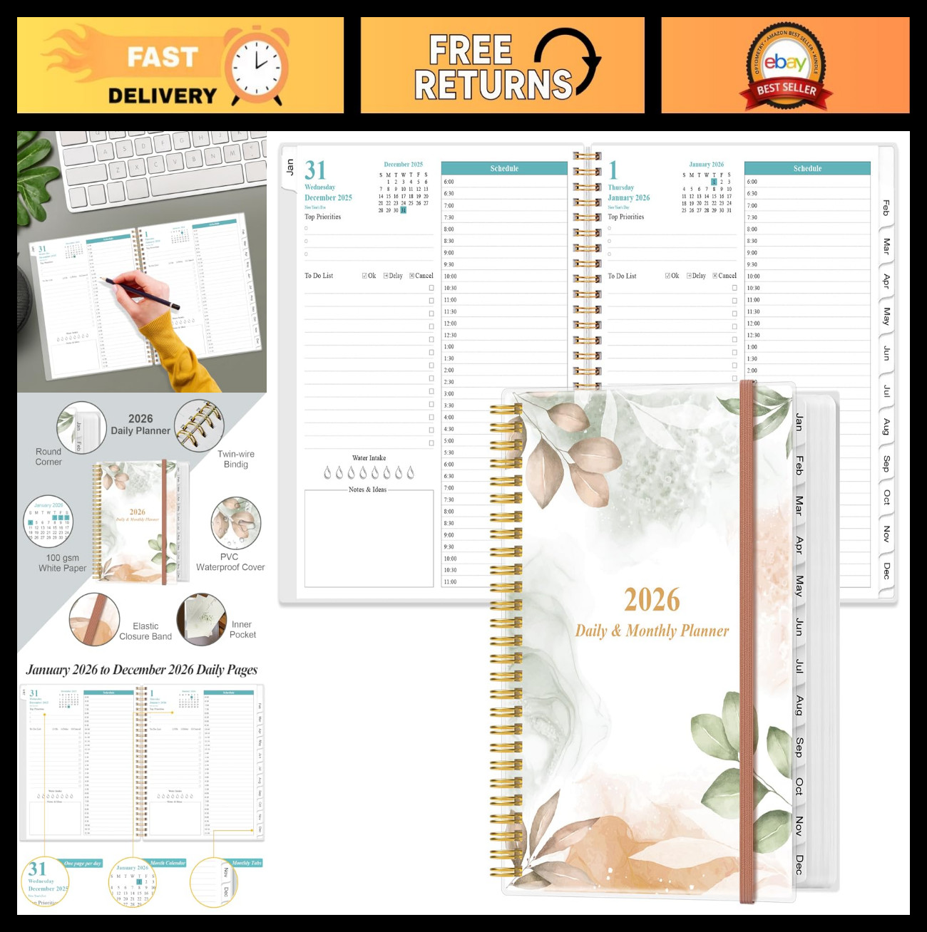 2026 Daily & Monthly Planner – One Page Per Day, 12 Monthly Tabs, 8.5″x11