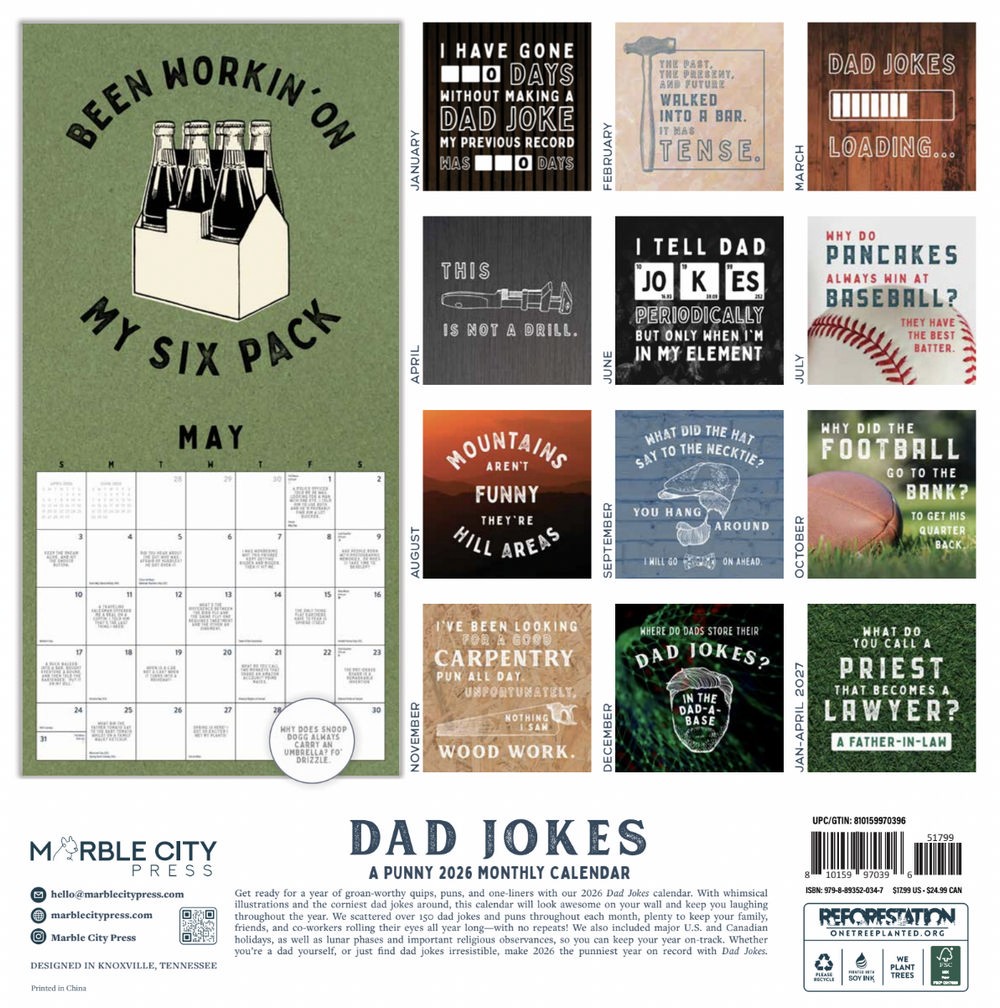 Dad Jokes Calendar 2026 | 12″ x 24″ 12 Month Calendar | Marble City Press