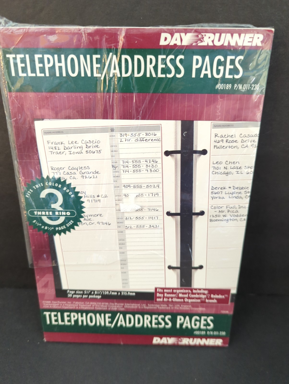 Day Runner Telephone Address Refill 3-Ring 5.5″ x 8.5″ #00189 011-230 30 Pages