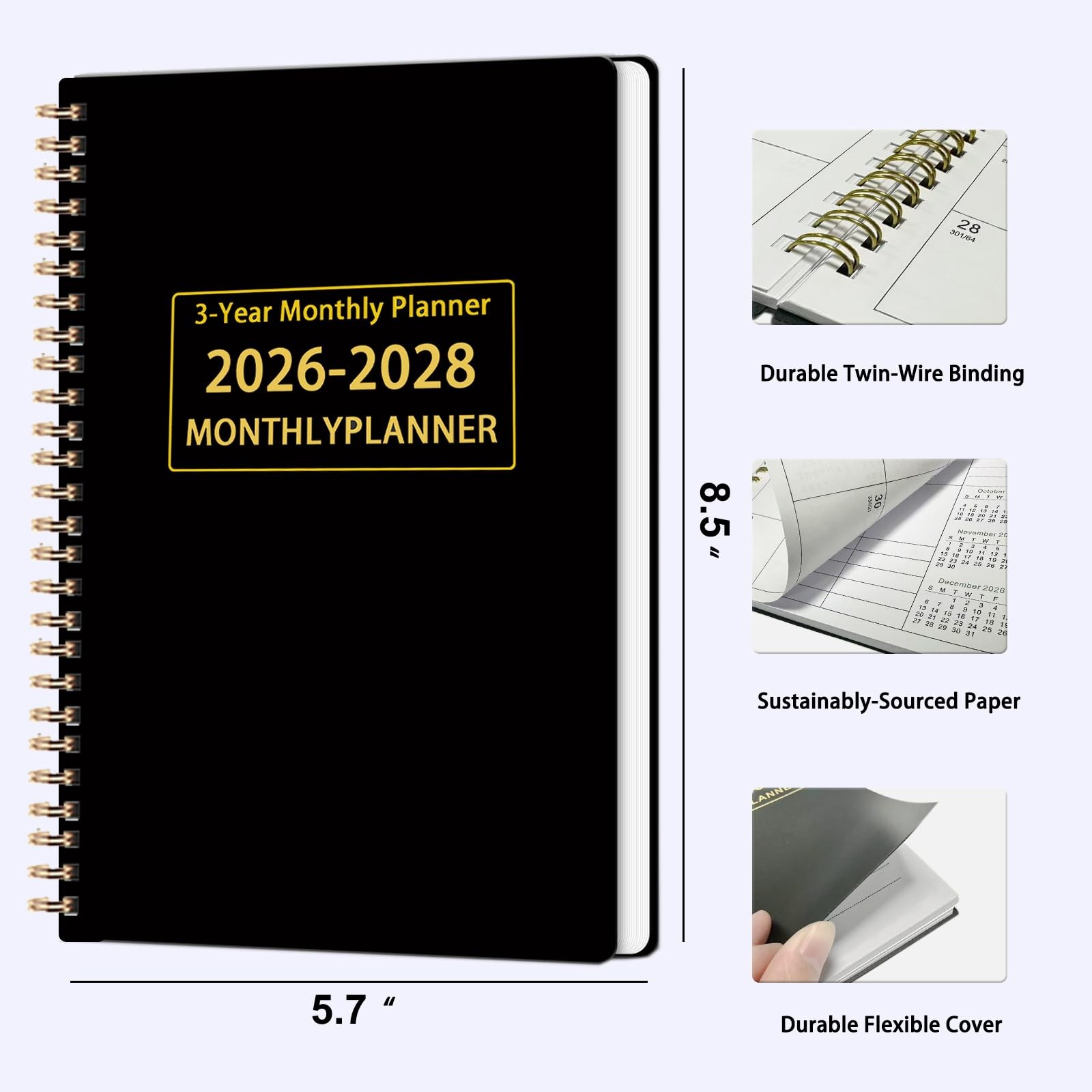 Monthly Planner 2026-2028 3 Year Calendar 36 Months Notebook School Office Black
