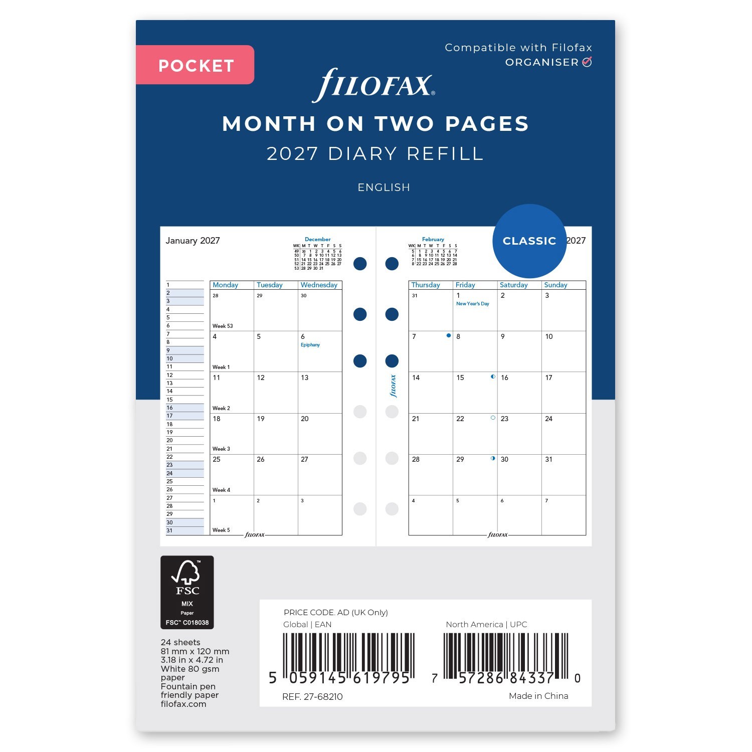 2026 Filofax Pocket Size Refill 26-68210 Month on Two Pages, 81mm x 120mm