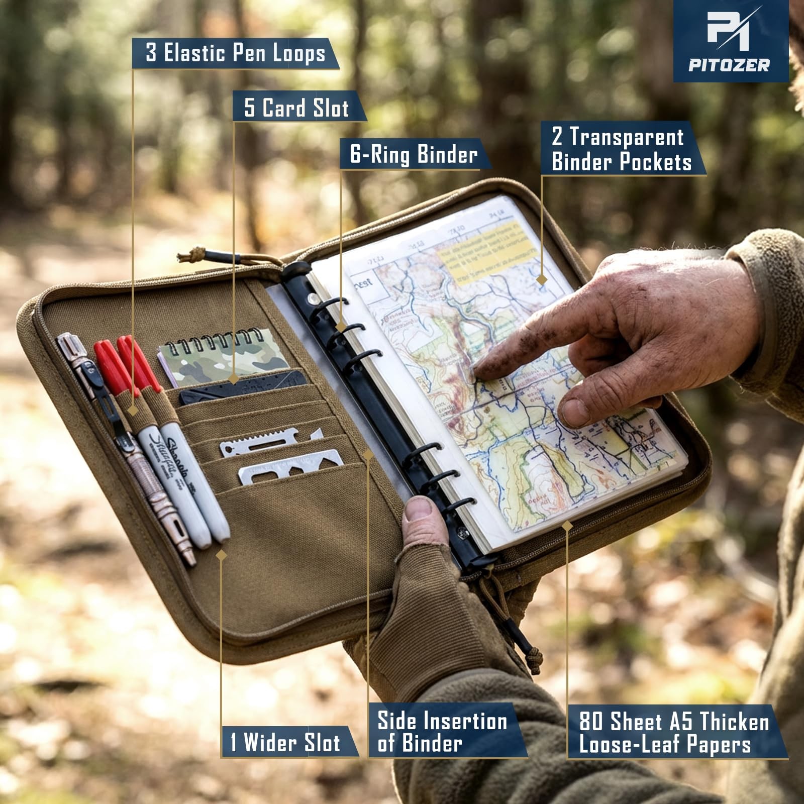 Pitozer All-in-One Tactical Notebook Padfolio A5+(7.3 x 10 Inches), Khaki