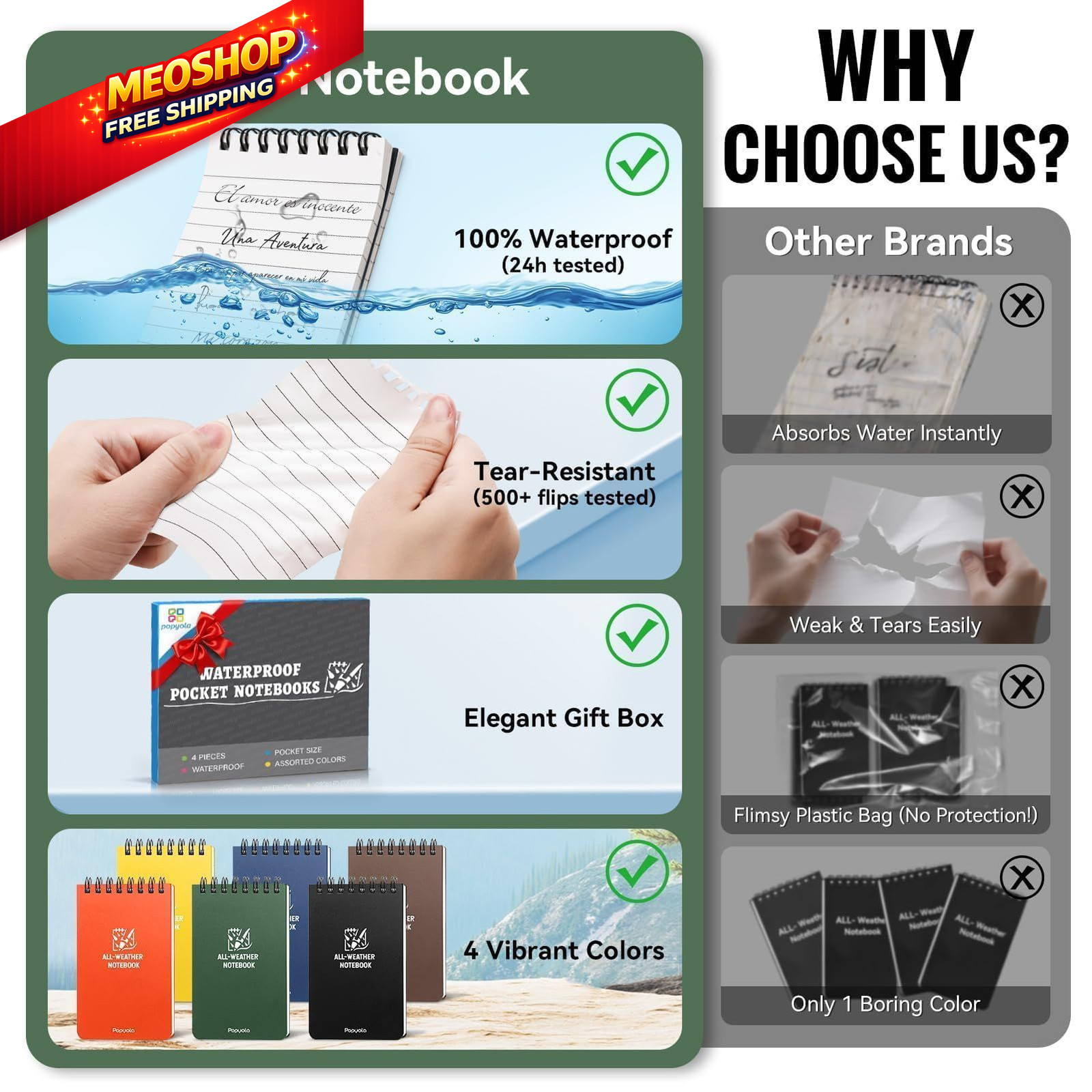 6 Pack Waterproof Notebook, 3″ x 5″ Top-Spiral Pocket Notepad 6 Pack, Rainbow