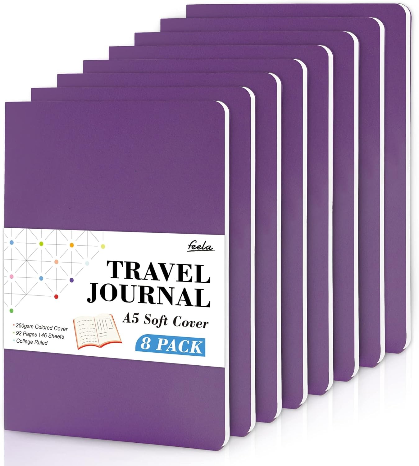 feela 8 Pack Soft Cover Journal Bulk, Notebooks College Ruled 8 Dark Purple