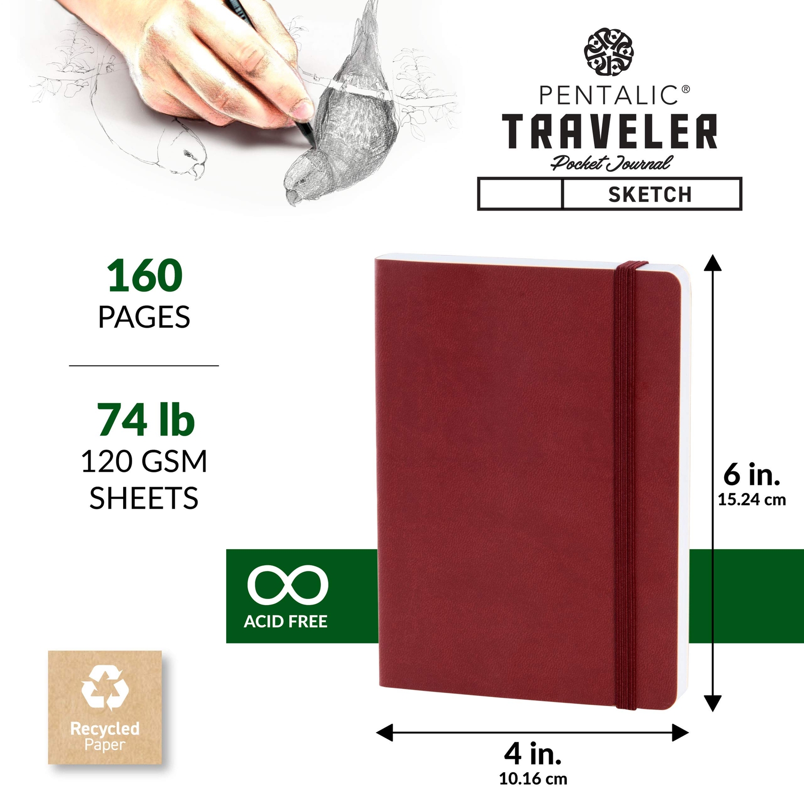 4″ x 6″ Pocket Sketchbook Traveler Journal 160 Pages Burgundy