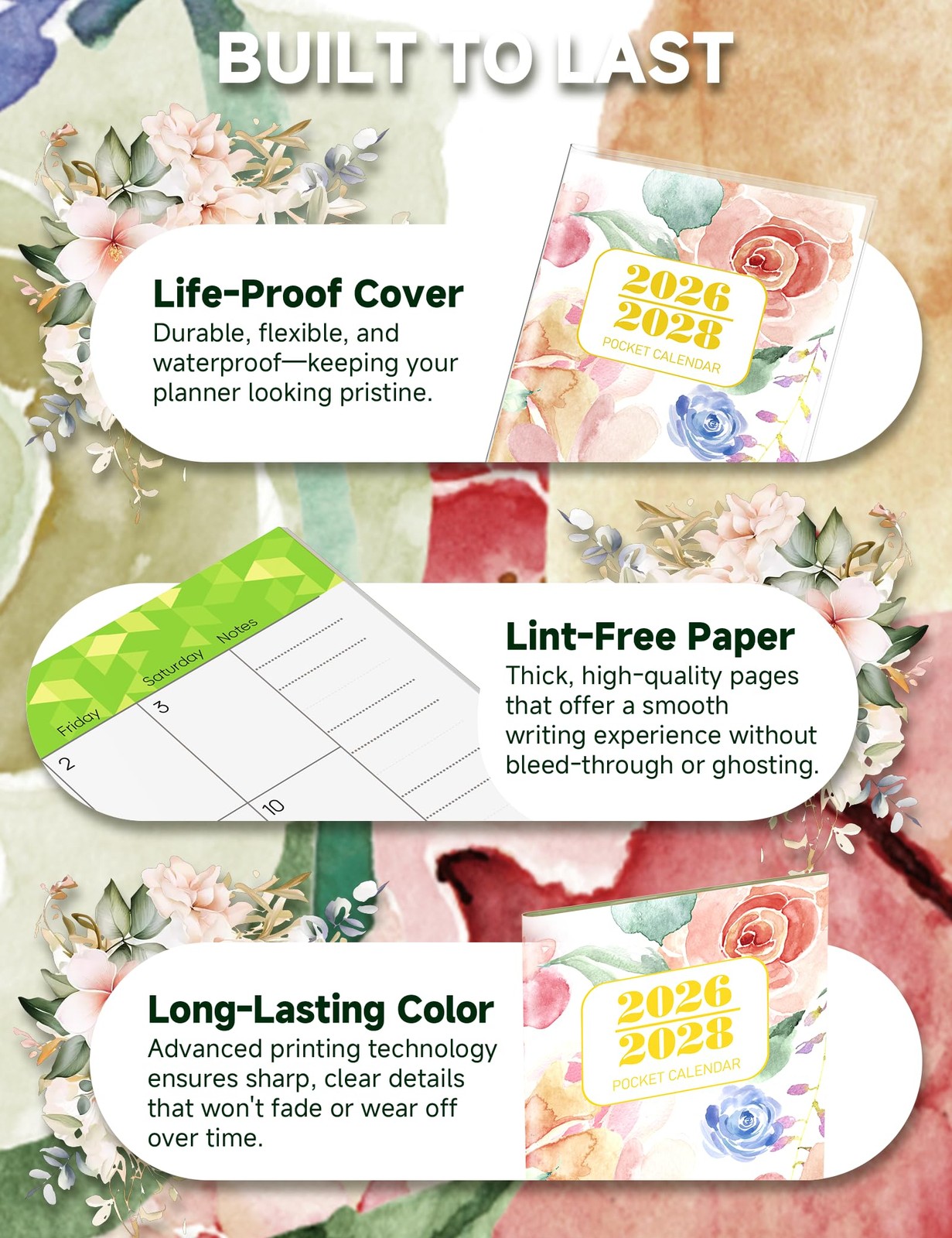 ADUN Stationery Pocket Calendar 2026-2028 3.5″ x 6.7″, multicolor floral