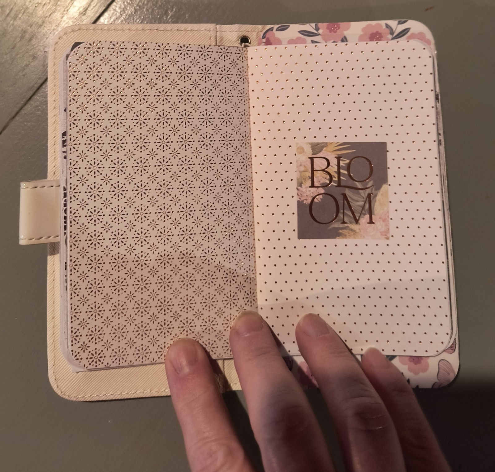small upcycled phone case junk journal white religious theme with pen