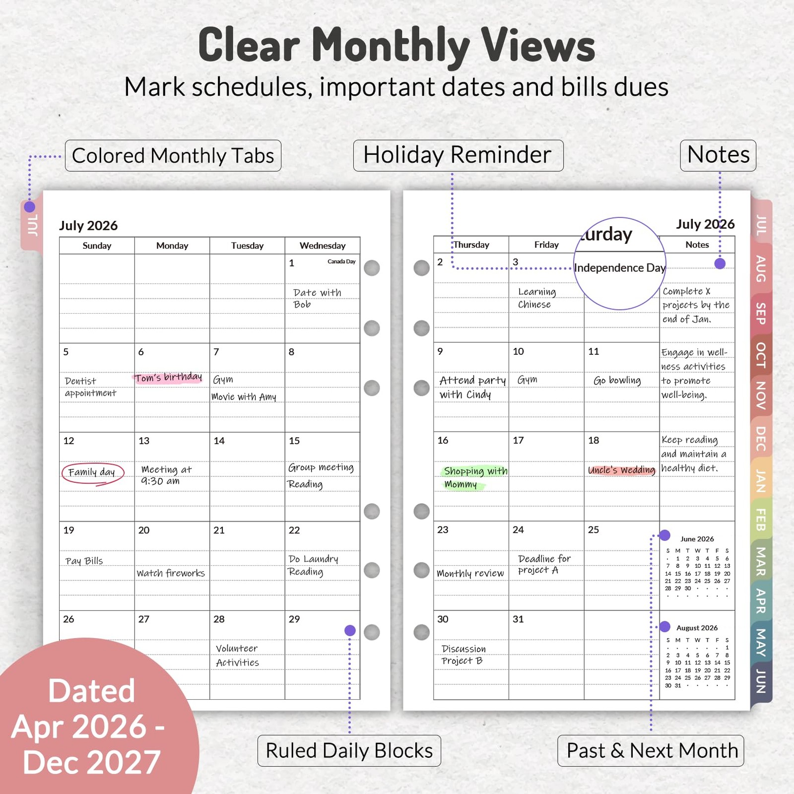 2026 Monthly Planner Refills, Apr 2026 – Dec 2027, 6-Hole Punched Planner Ins…