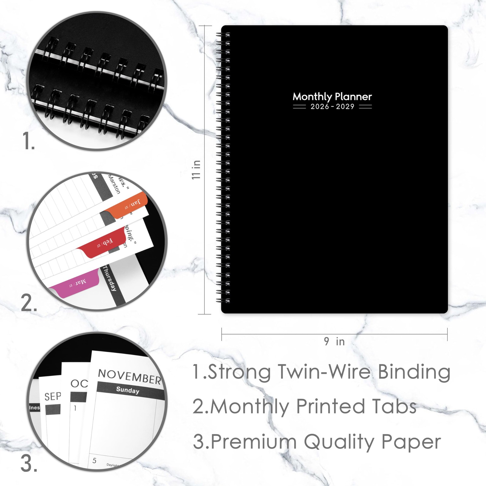 2026-2029 Monthly Planner – 3 Year 9″ x 11″, Black：3
