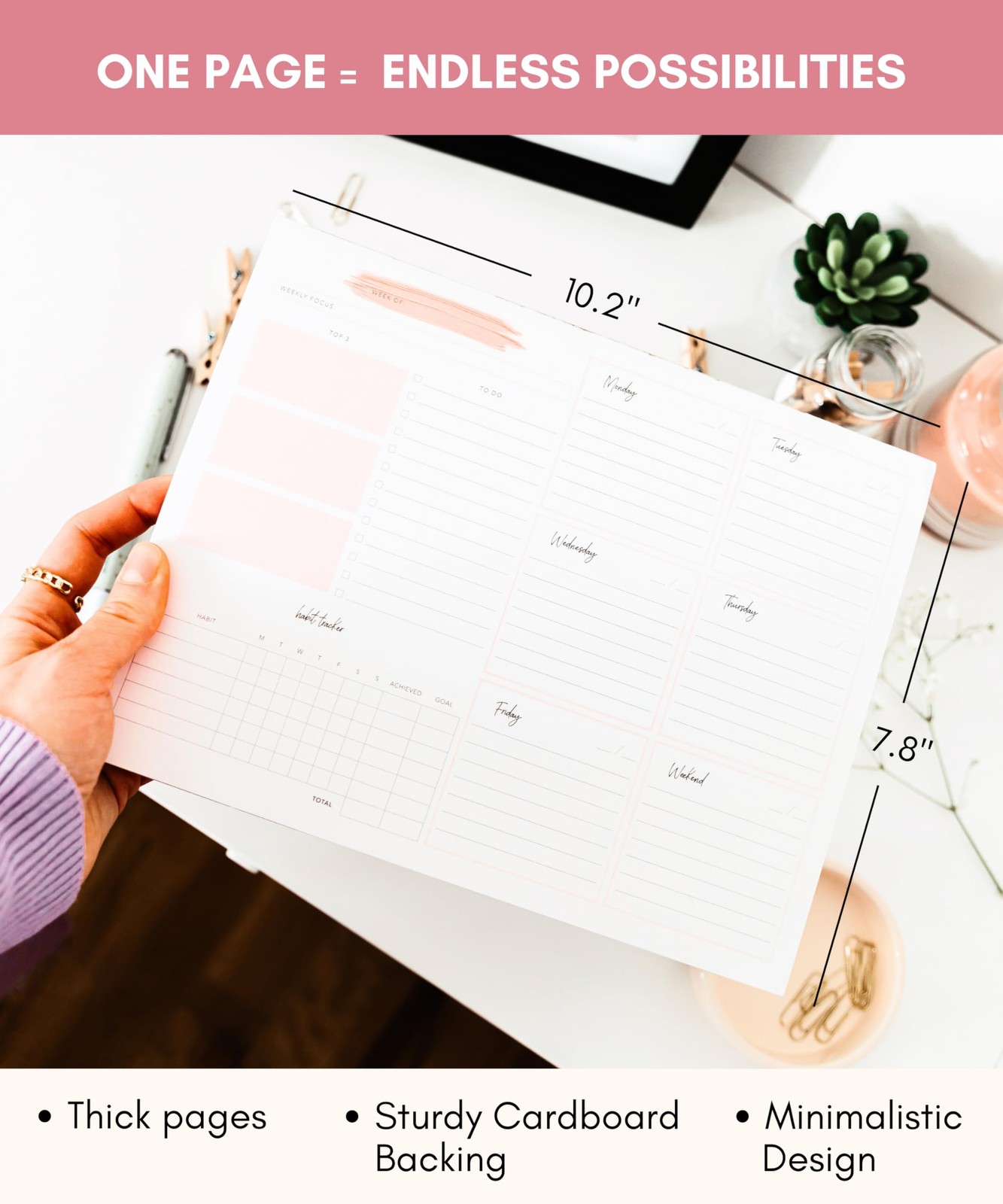 Lamare Weekly Planner Notepad – Premium Undated A4 size (8.3 x 11.7″), Pink
