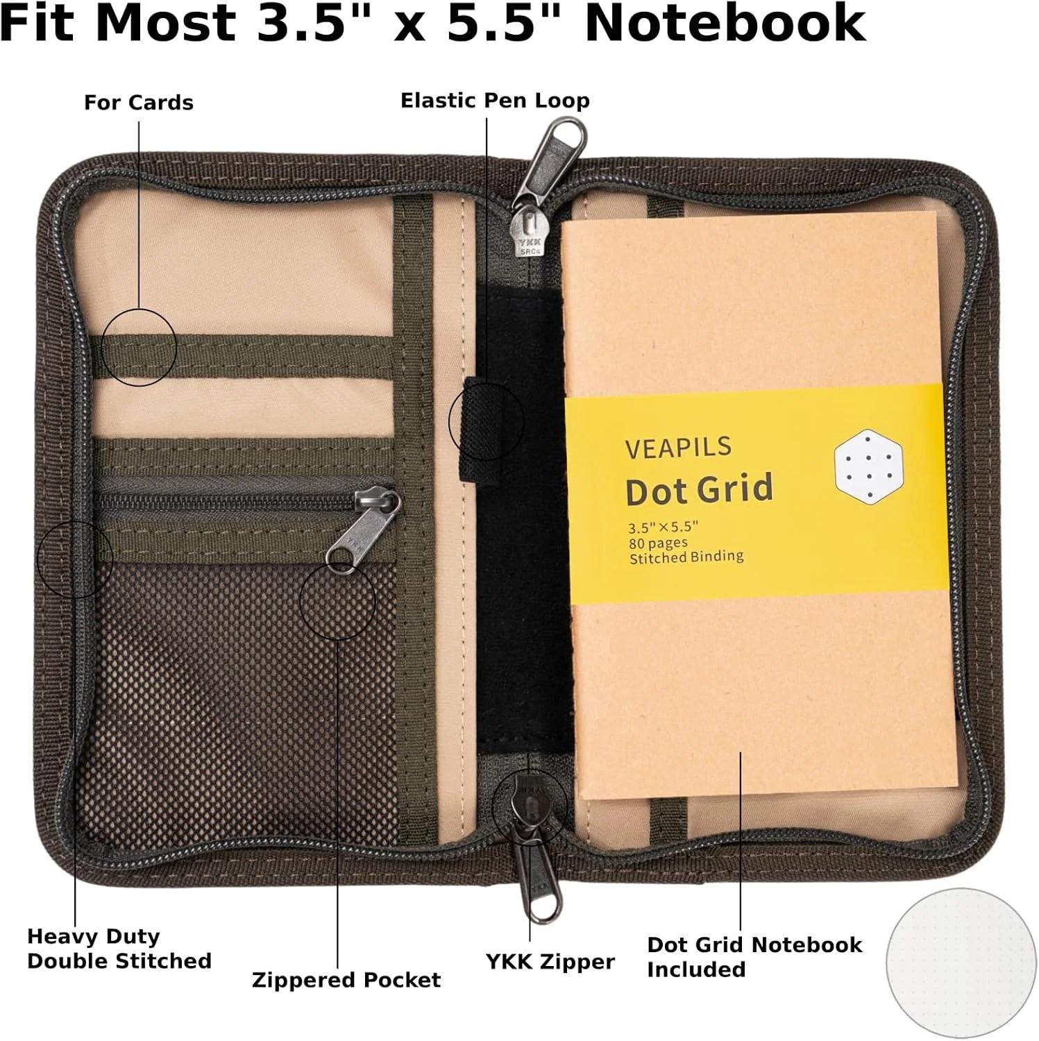 Pocket Journal Cover with Field Book, Waterproof Pocket Notebook Cover with Zipp