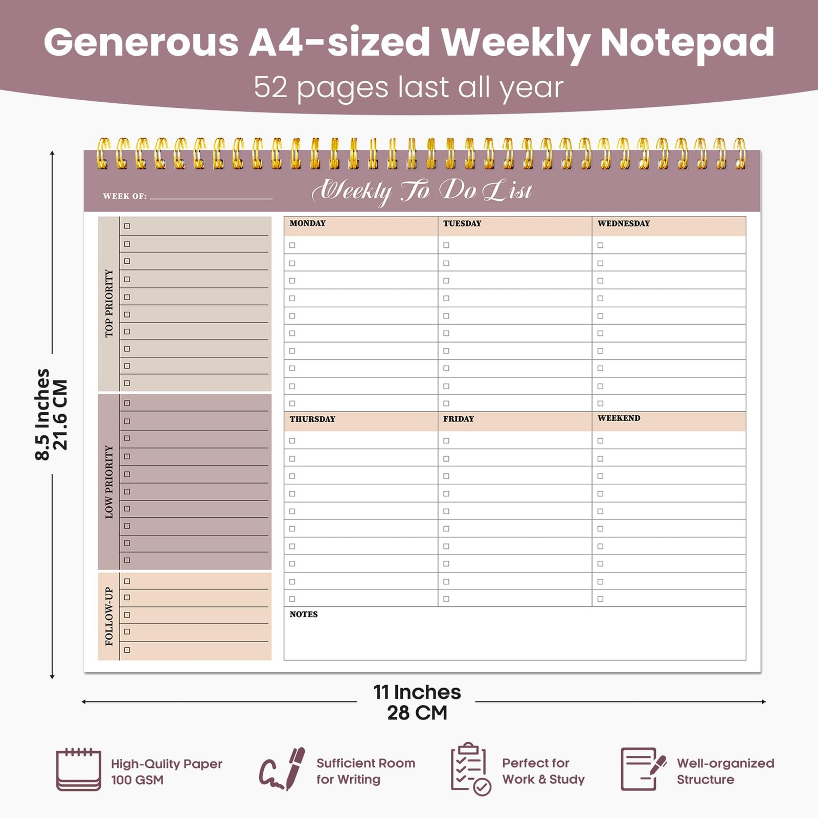 8 5 x 11 Inch Weekly To Do List Notepad 52 Undated Sheets Productivity