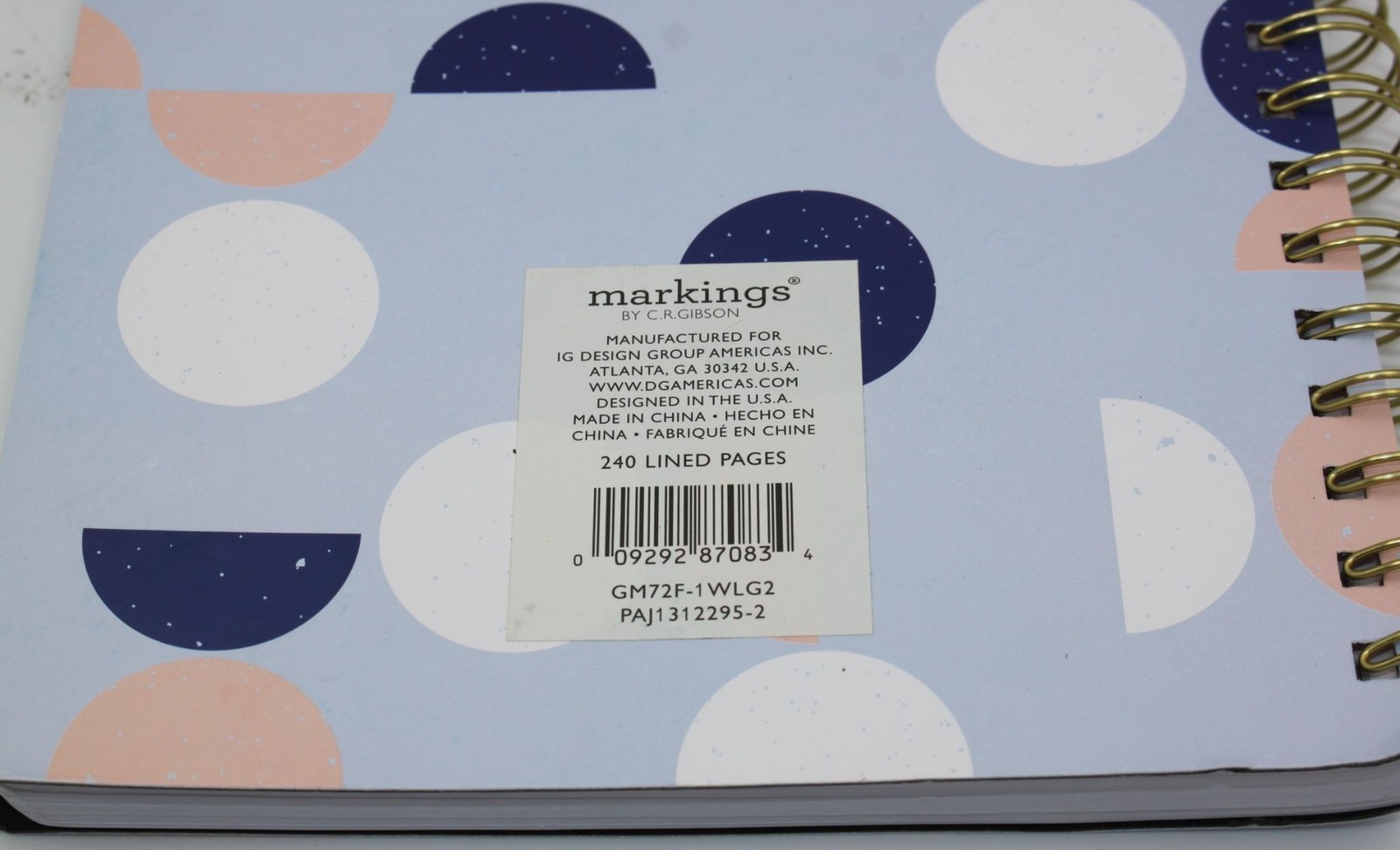 Markings by C.R. Gibson Spiral Notebook 240 Lined Pages Blue Geometric Gold Coil