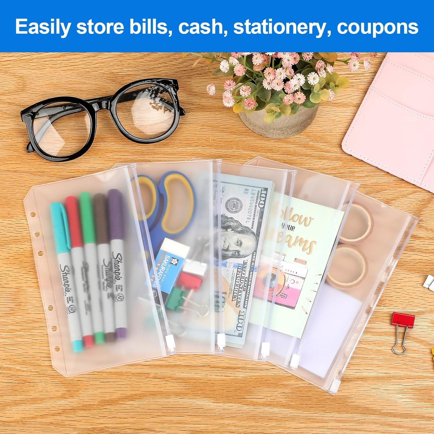 16PCS A6 Binder Pockets 6 Holes Cash Envelopes for Budgeting, Clear Zipper Pouch