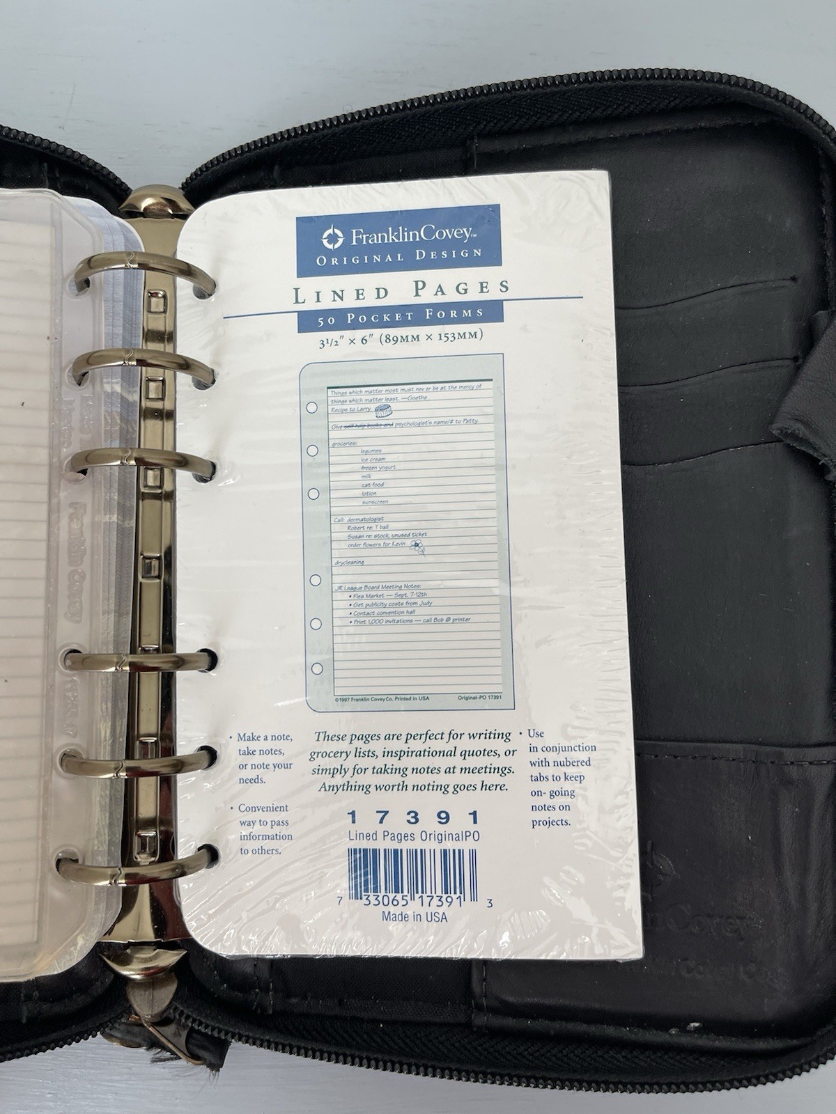 Franklin Covey 6-Ring Zip Compact Planner Black W/new Pages 1996