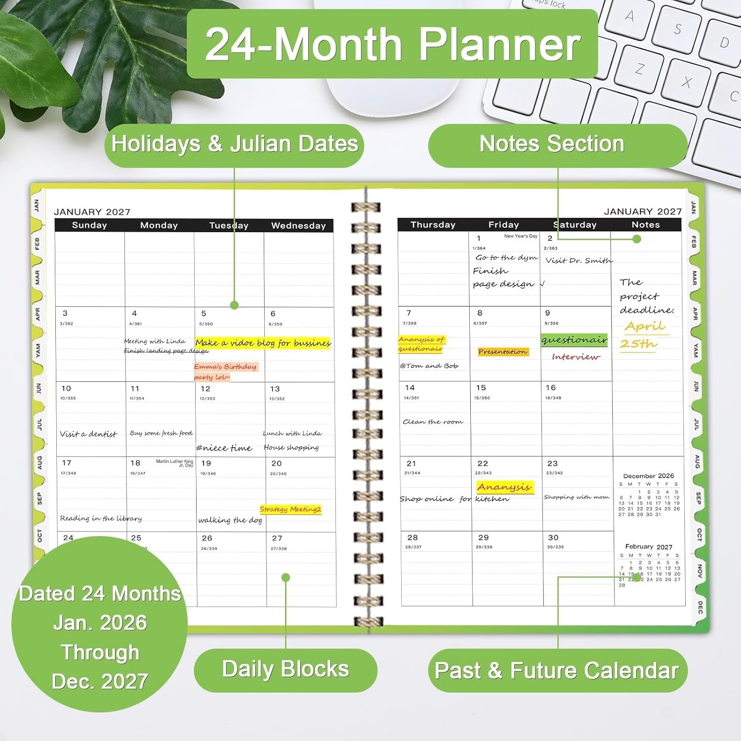 Elegant 2026 Monthly Planner with Waterproof Cover – 24 of Planning