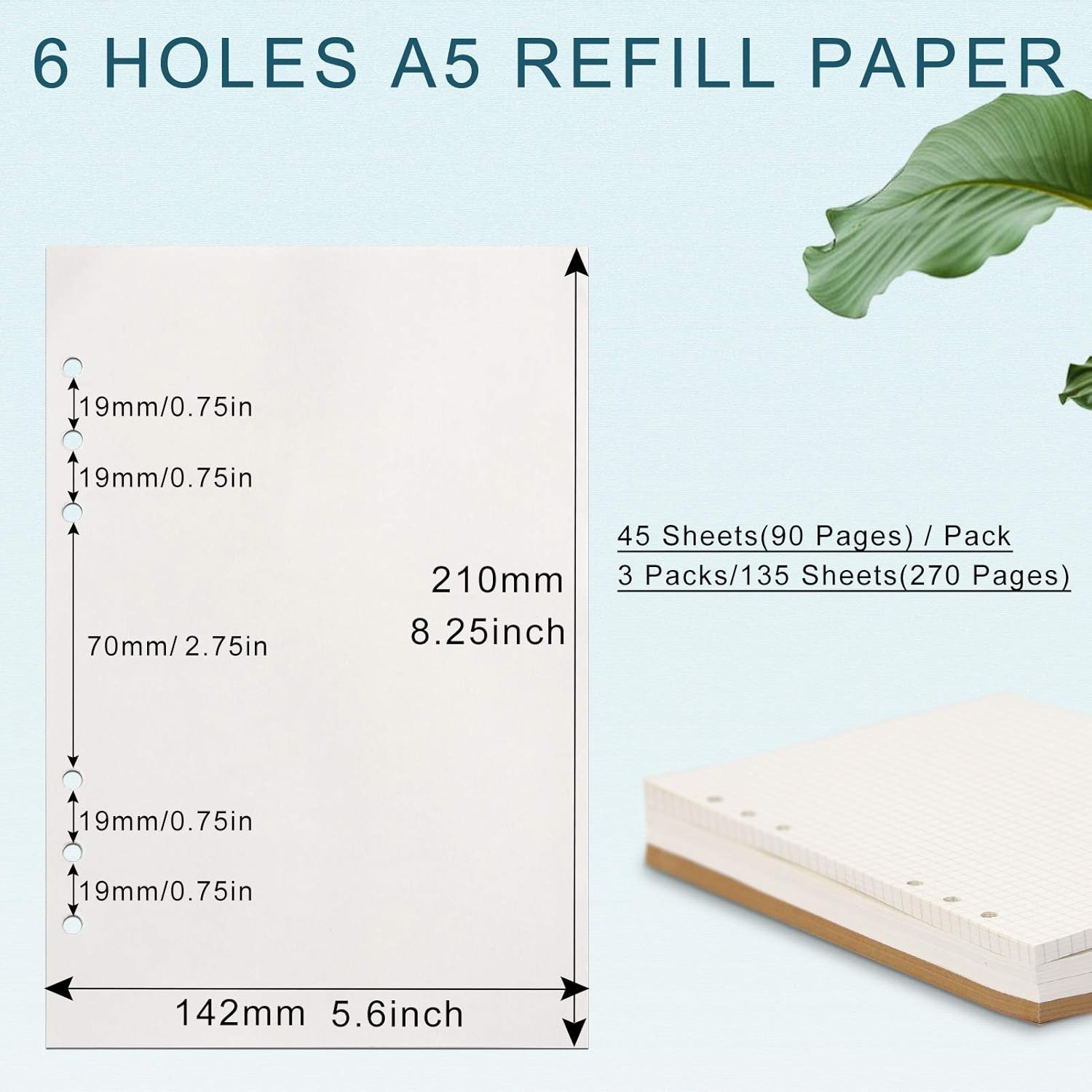 A5 Refill Paper, [3 Pack] 100GSM Thick 6 Hole Filler Inserts – 135 Sheets (270 P