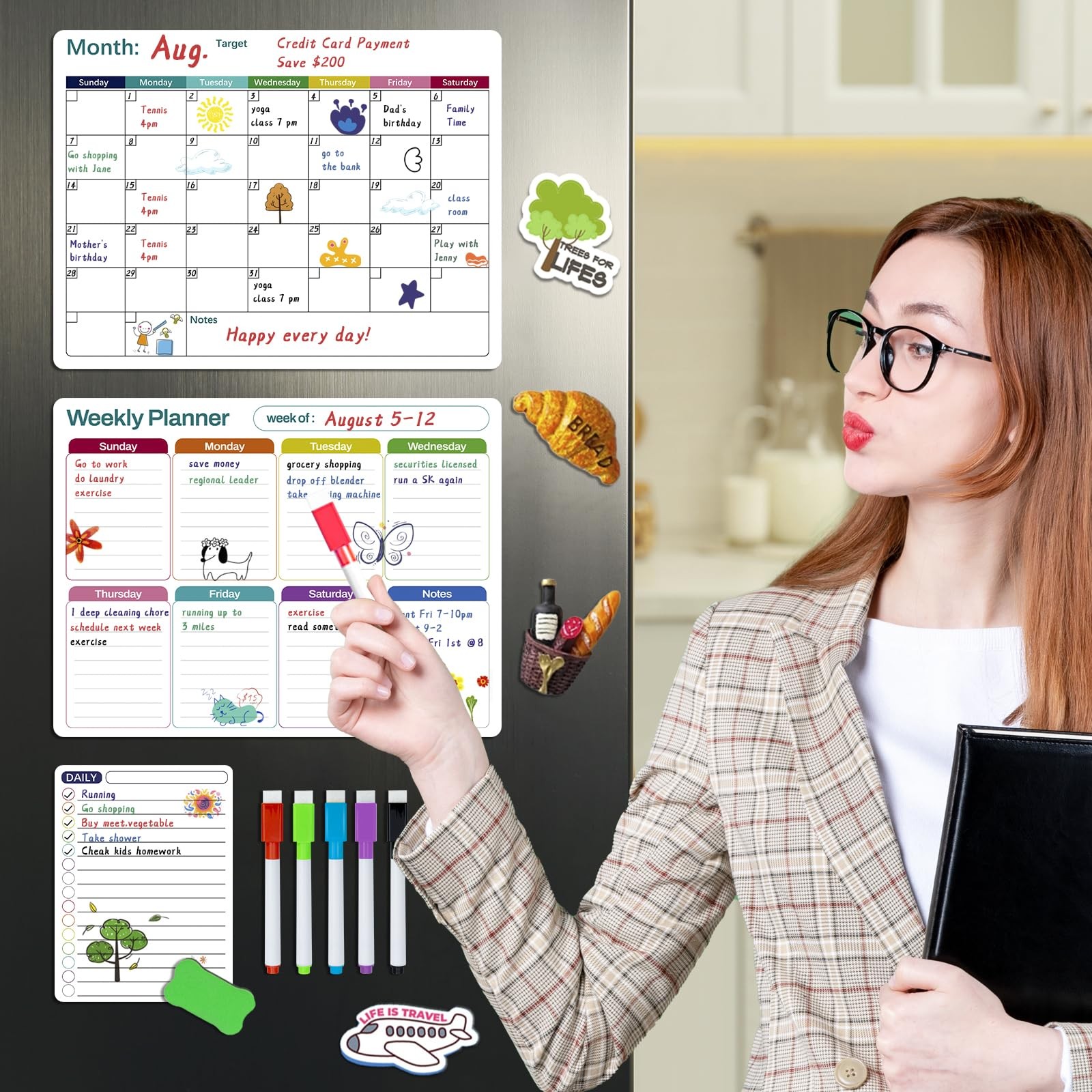 Magnetic Dry Erase Fridge Calendar Whiteboard Set,3 Pack 14.6″ x 11″ B