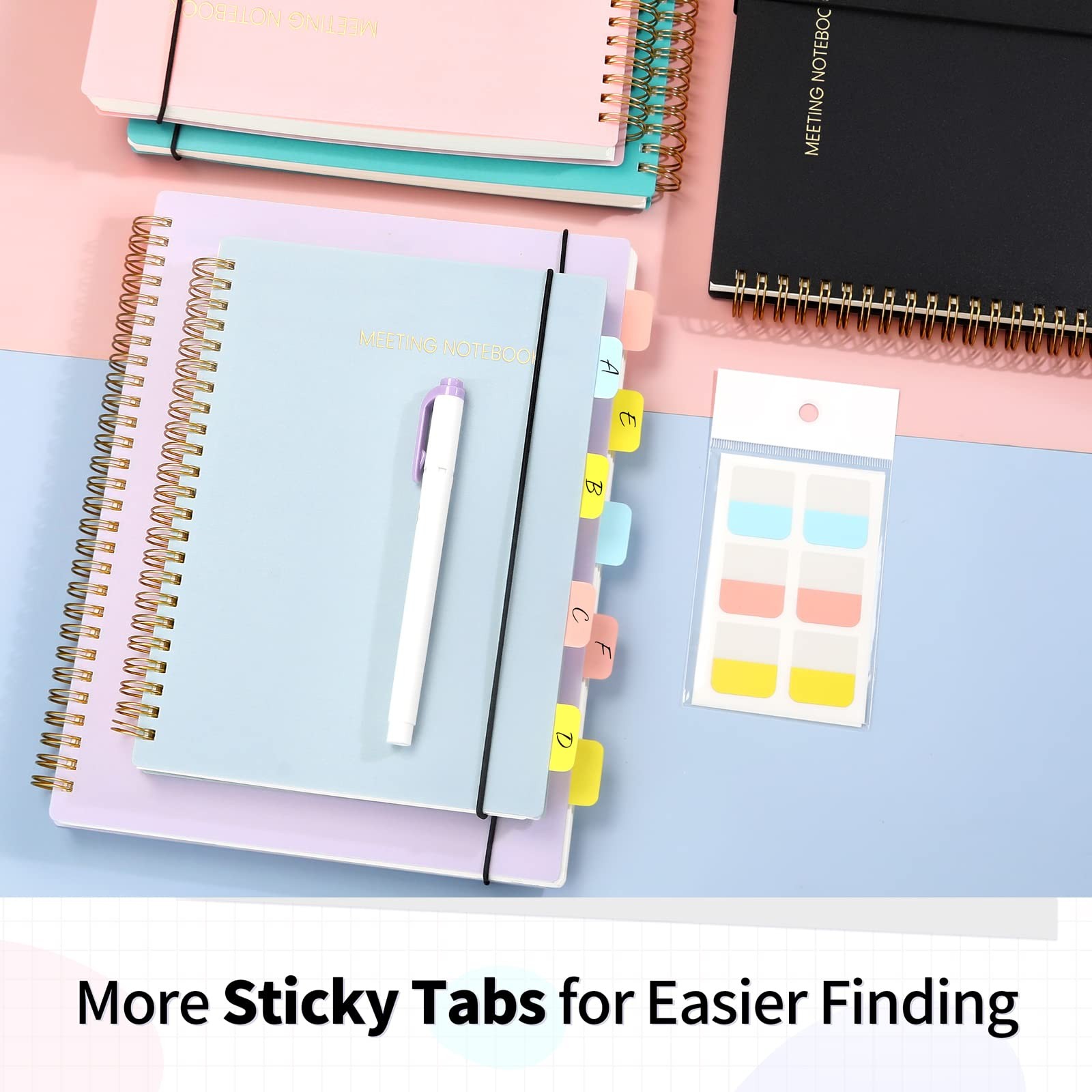 SUNEE Meeting Notebook for Work with Sticky Tabs – 160 Pages, 8.5″x11″, Black