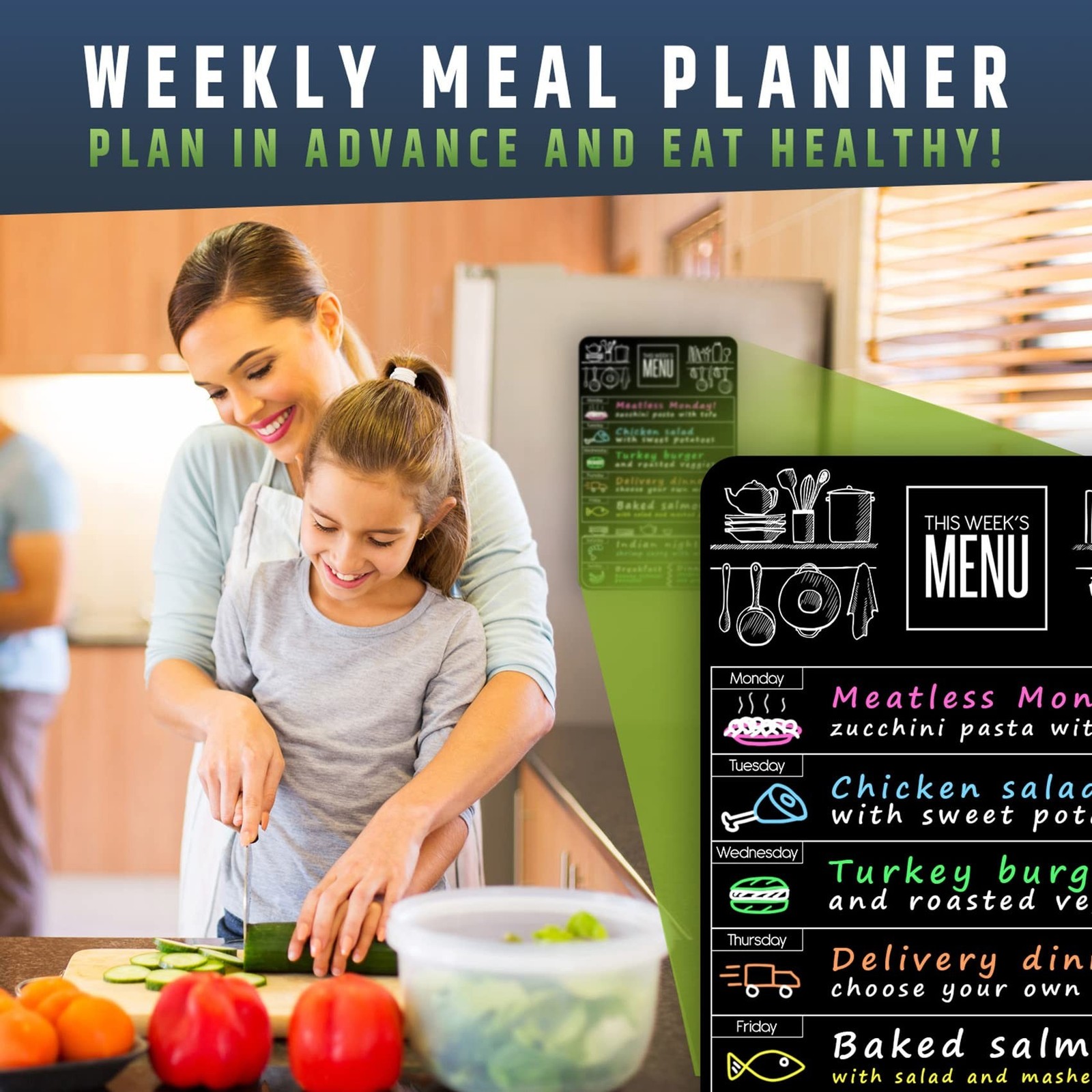 Cute 10″x16″ Magnetic Dry-Erase Weekly Menu Blackboard for Kitchen Fridge (wi…