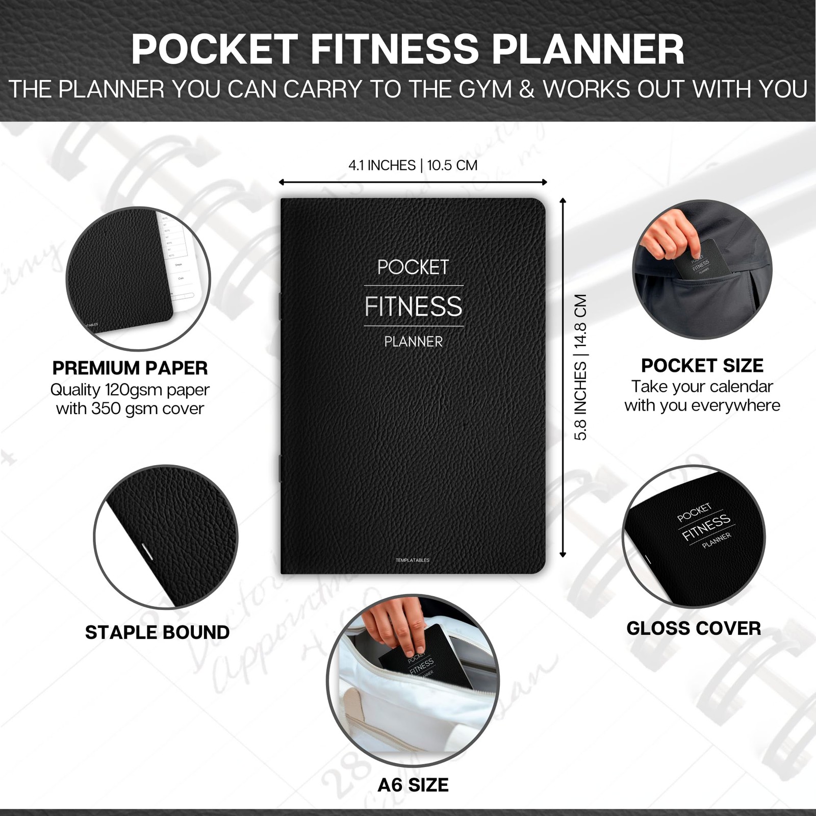 Pocket Fitness Planner A6 Gym Workout Logbook, (105 x 148 mm), Mono