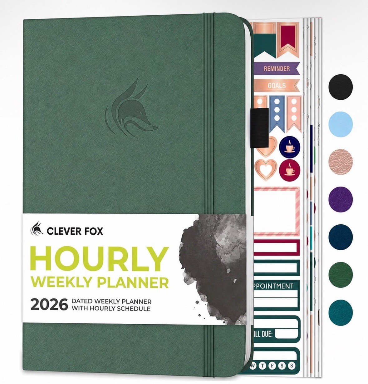 Clever Fox | Dated Hourly Weekly Planner 2026 | 5.8”x8.3” | Forest Green NWT