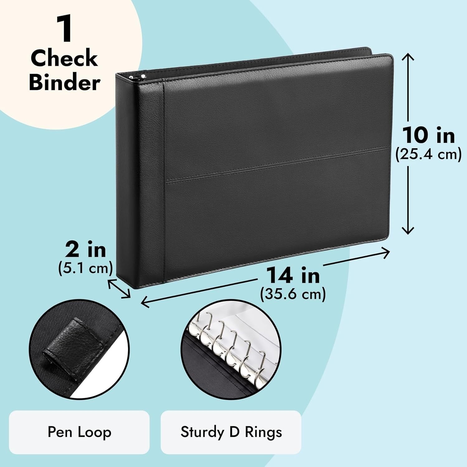 Check Binder Black Faux Leather 7-Ring 14×10 Fits 600 Checks Organizer