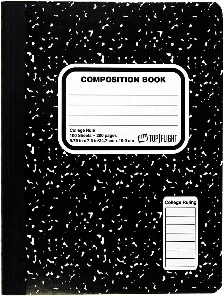 Top Flight Sewn Marble Composition Book, Black/White, College Black/White