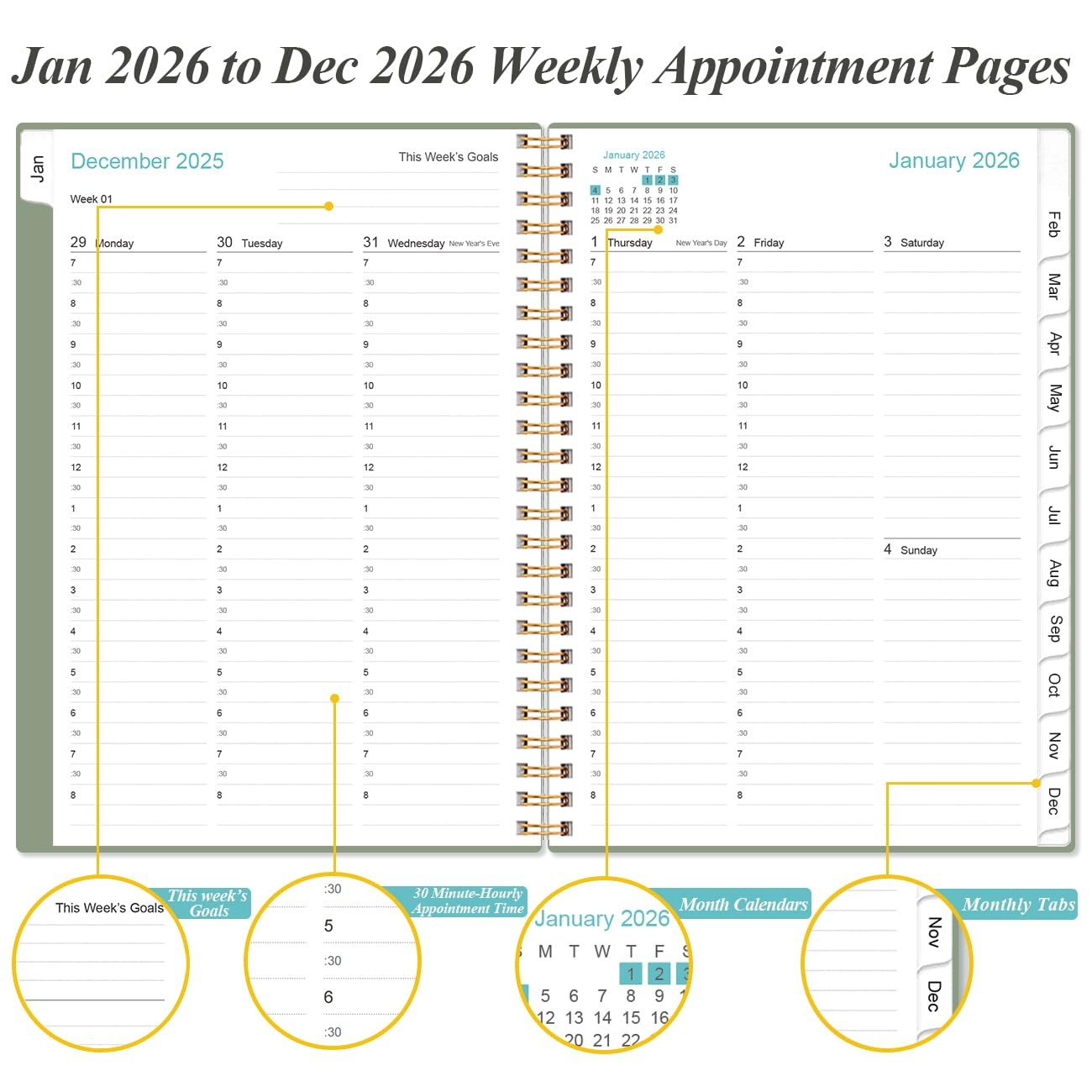 2026 Appointment Book & Planner – 2026 Daily Hourly 6.4″ x 8.5″, Green-D