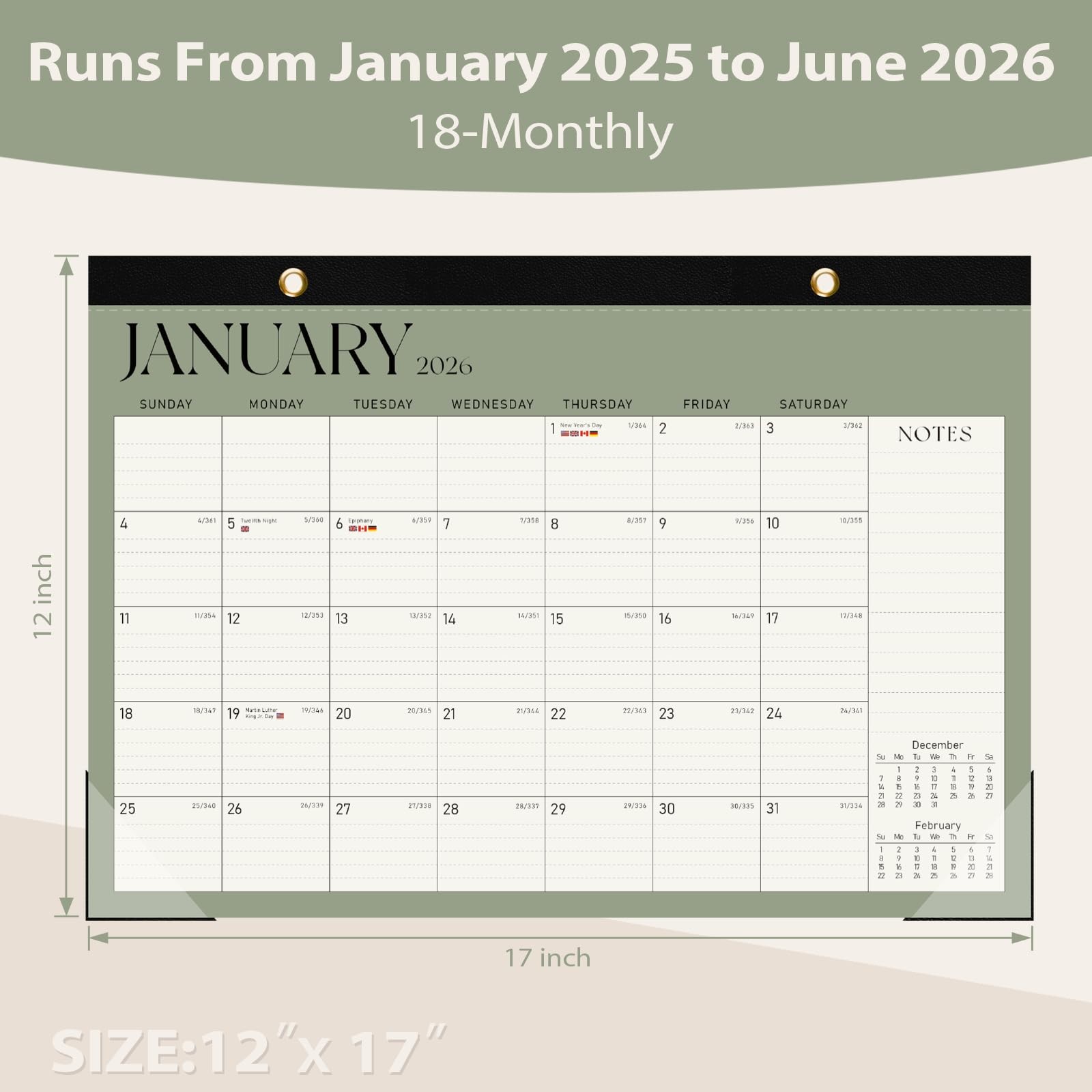 2026 Desk Calendar, Large Desktop/Wall 17″x12″(Jan 2026-Jun 2027）, Green