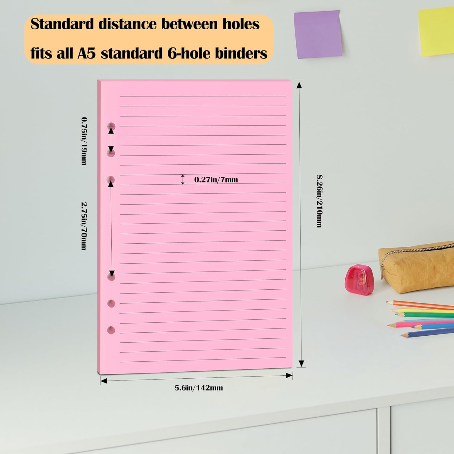 A5 Colorful Lined Filler Paper, 6-Hole Punched, 120GSM Loose-Leaf Paper and Plan