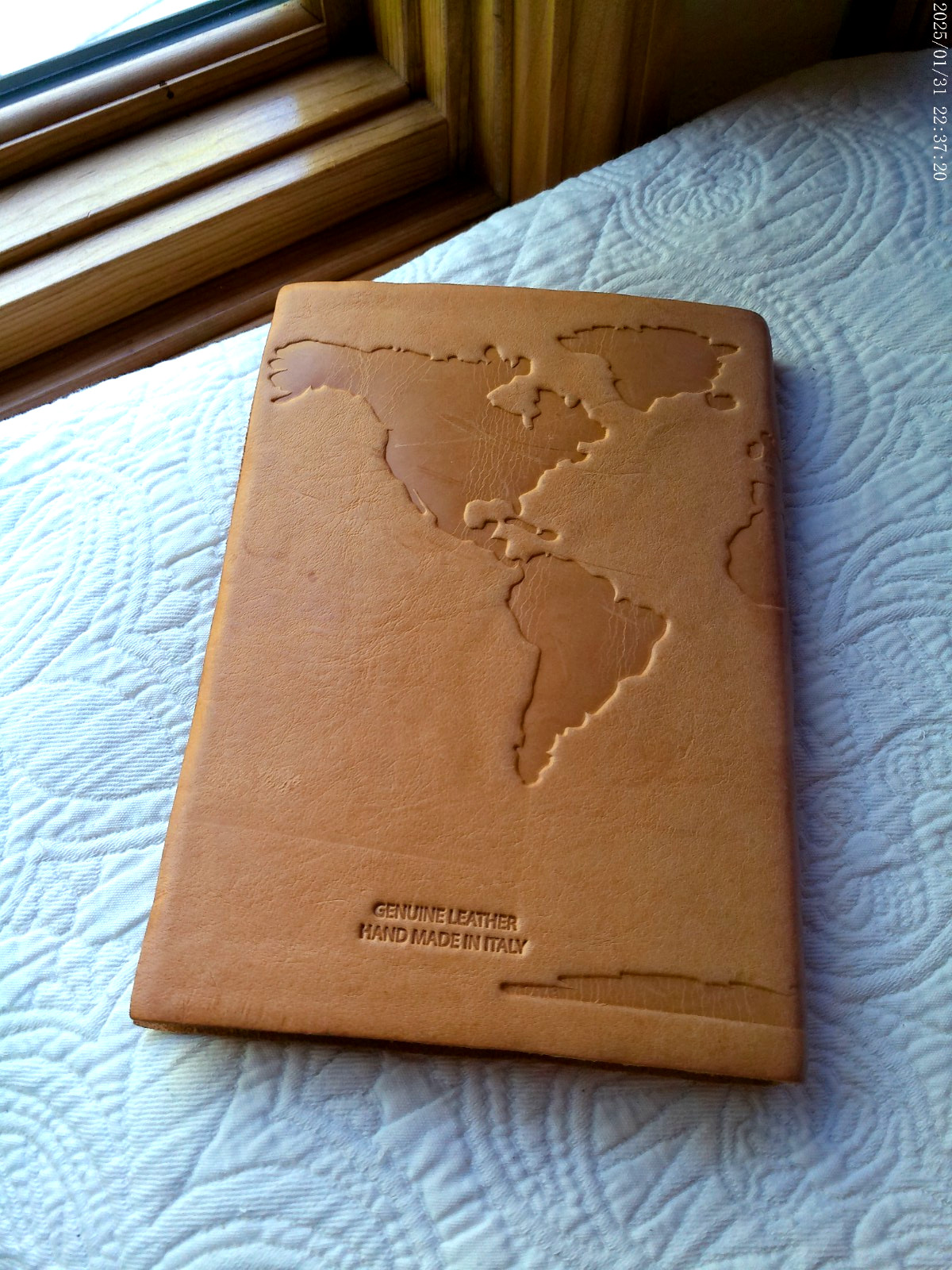 HANDMADE ITALY GENUINE LEATHER LINED PAGE JOURNAL EMBOSSED MAP SADDLE COLOR
