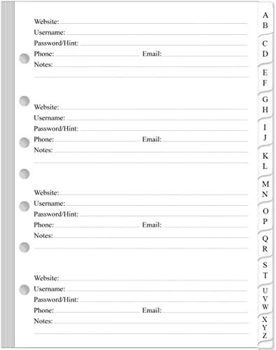 Password Book Refills – A-Z Password Notebook Refill Paper 7-Hole/Desk Size 4
