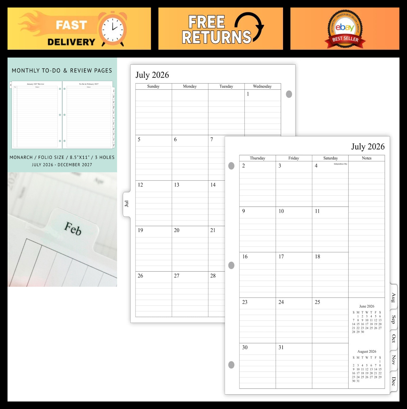 2026-2027 Monthly Planner Refill for 3 Ring Binder, Jul-Dec, 8.5″x11″, Two Pages