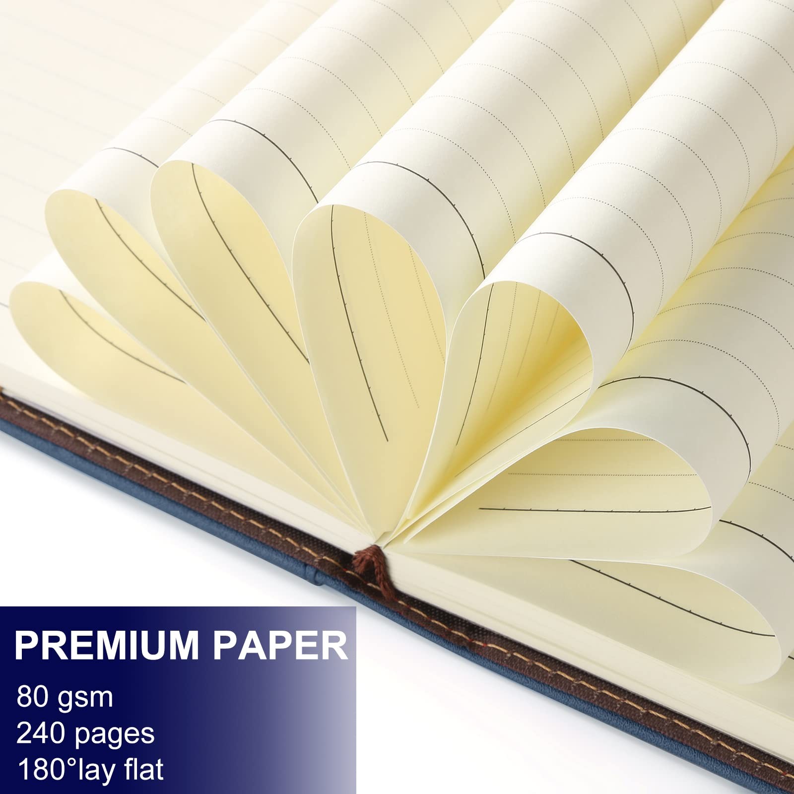 A5 Lined Leather Journal with Pen, 240 Pages Paper, Navy blue