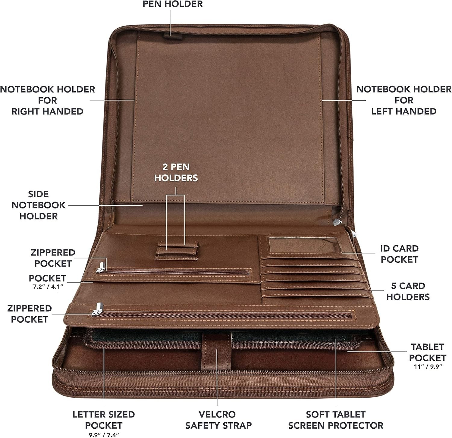 Wundermax Vegan Leather Portfolio Zipper Padfolio Organizer Notepad Tablet Brown