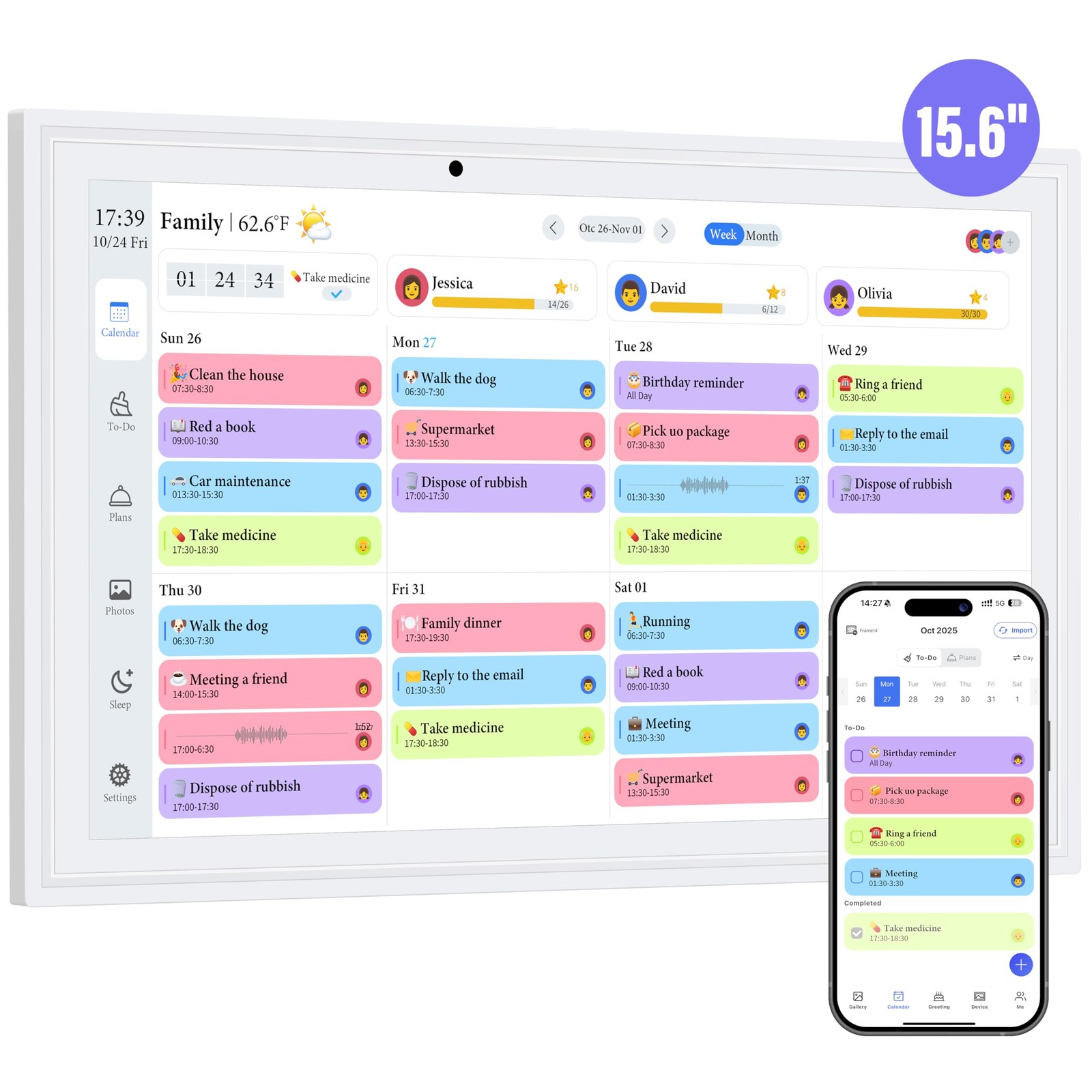 OcePor 15.6 Inch Digital Calendar, Electronic Calendar Chore Chart, White-1
