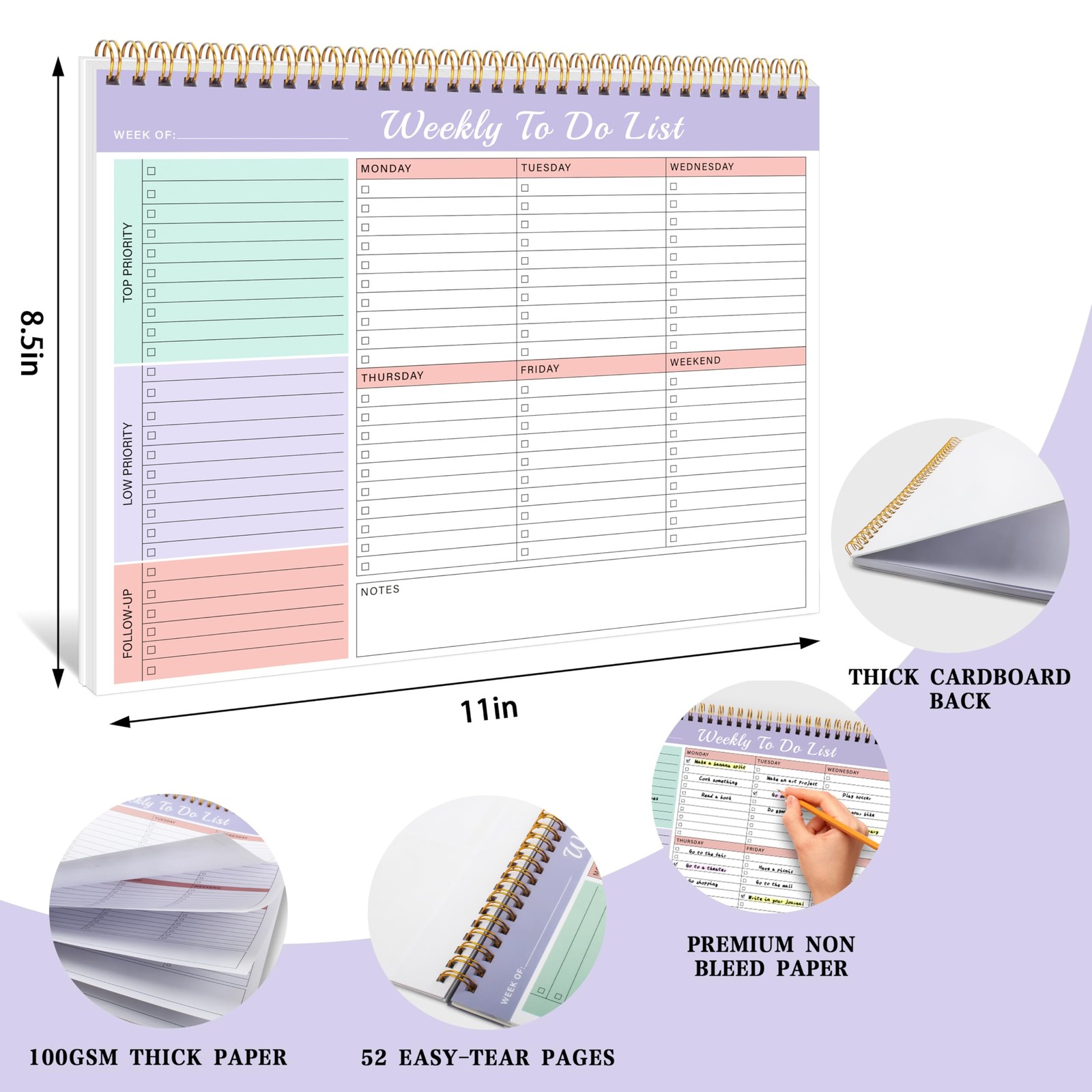 Kamoy Weekly To Do List Notepad with 52 Undated Violet Dream