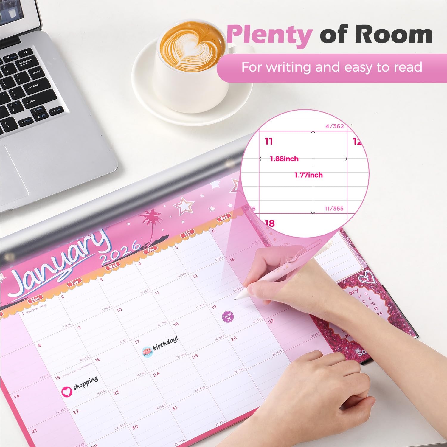 Desk Calendar 2026 with Clear Waterproof Cover 17 x 12 inch 18 Months Pink