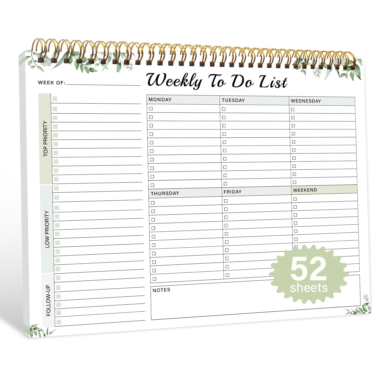 Weekly To Do List Pad 52 Undated Sheets 8.5×11 Inch Desk Notepad Spiral Binding
