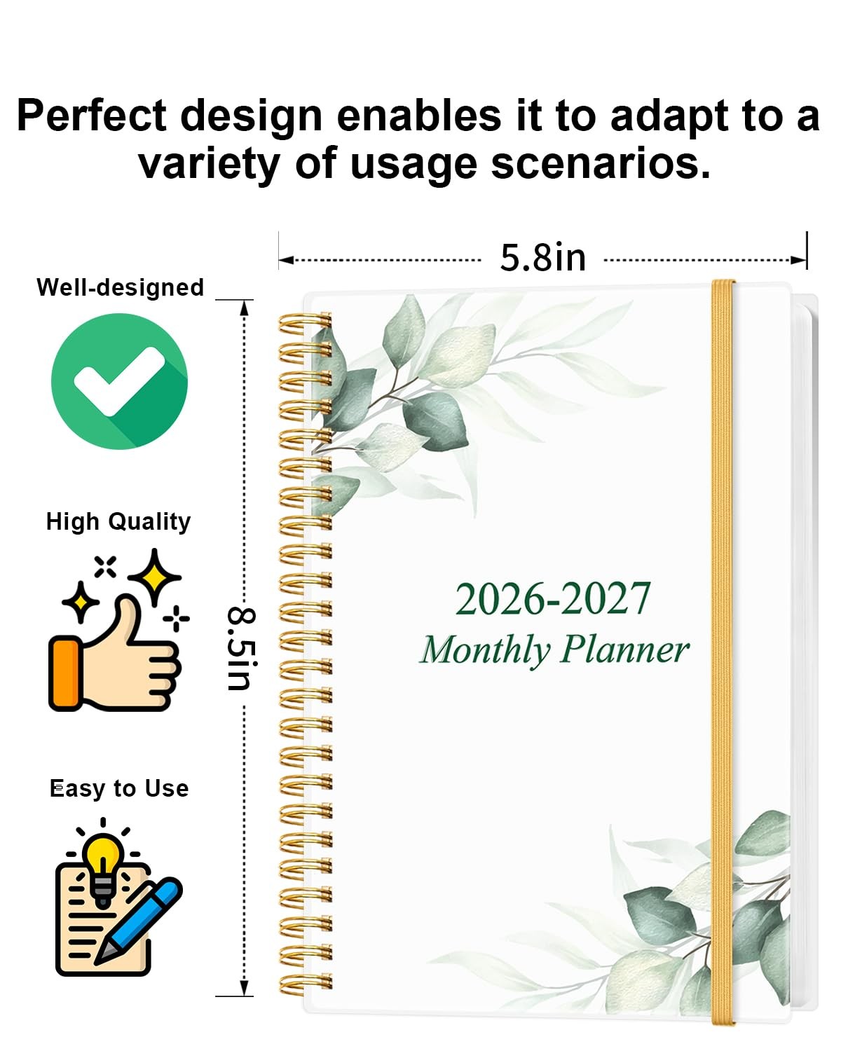 2026 2027 Monthly Planner Calendar 20 Months Organizer Pocket Elastic Band 5.8×8